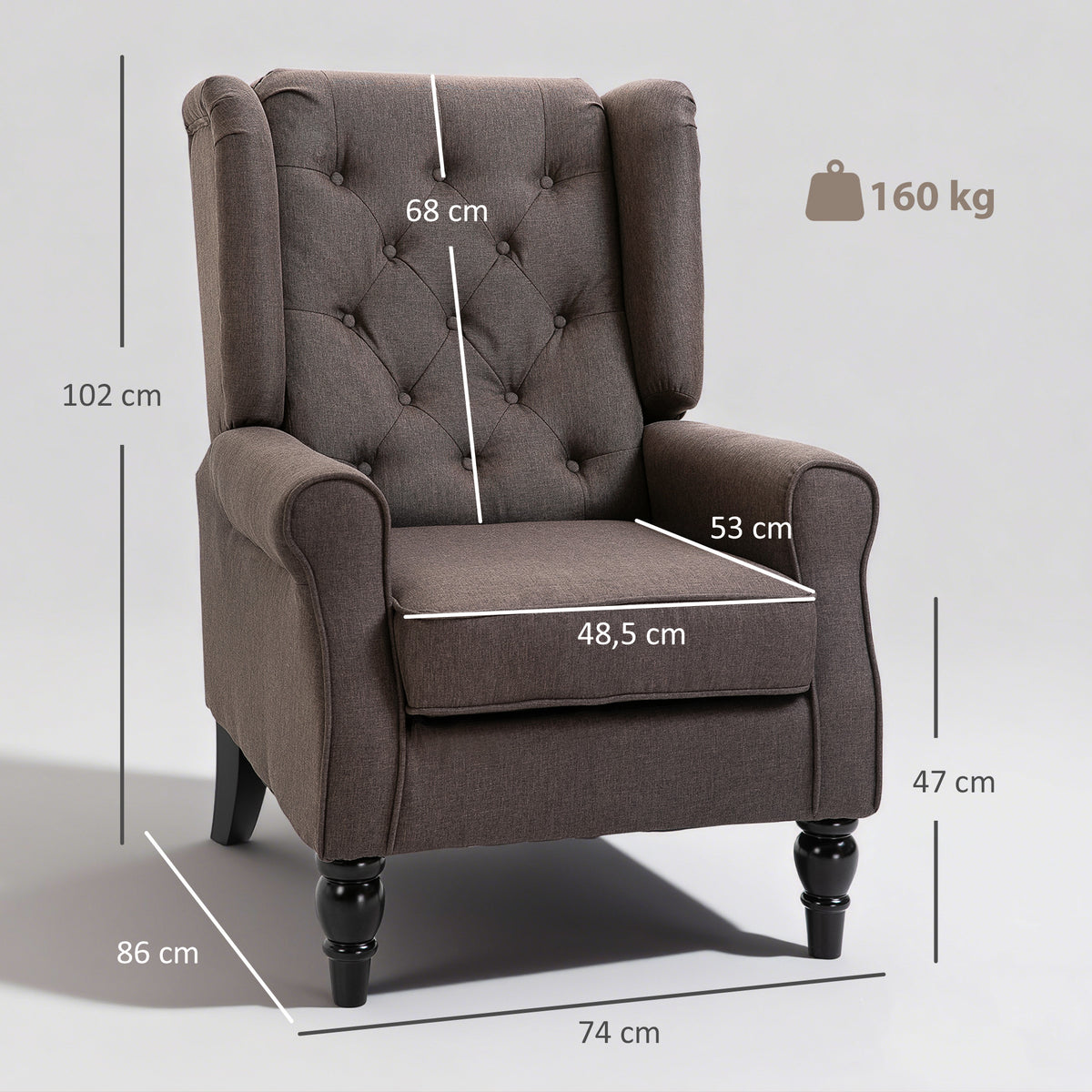 Fauteuil de salon capitonné avec assise large, pieds en bois, style classique, grand confort, 74 x 86 x 102 cm, marron-2