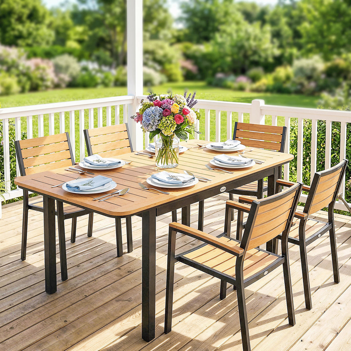 Table de Jardin 6 Personnes Rectangulaire en Bois Composite Cadre en Métal et Plateau à Lattes 127x70cm Marron-7