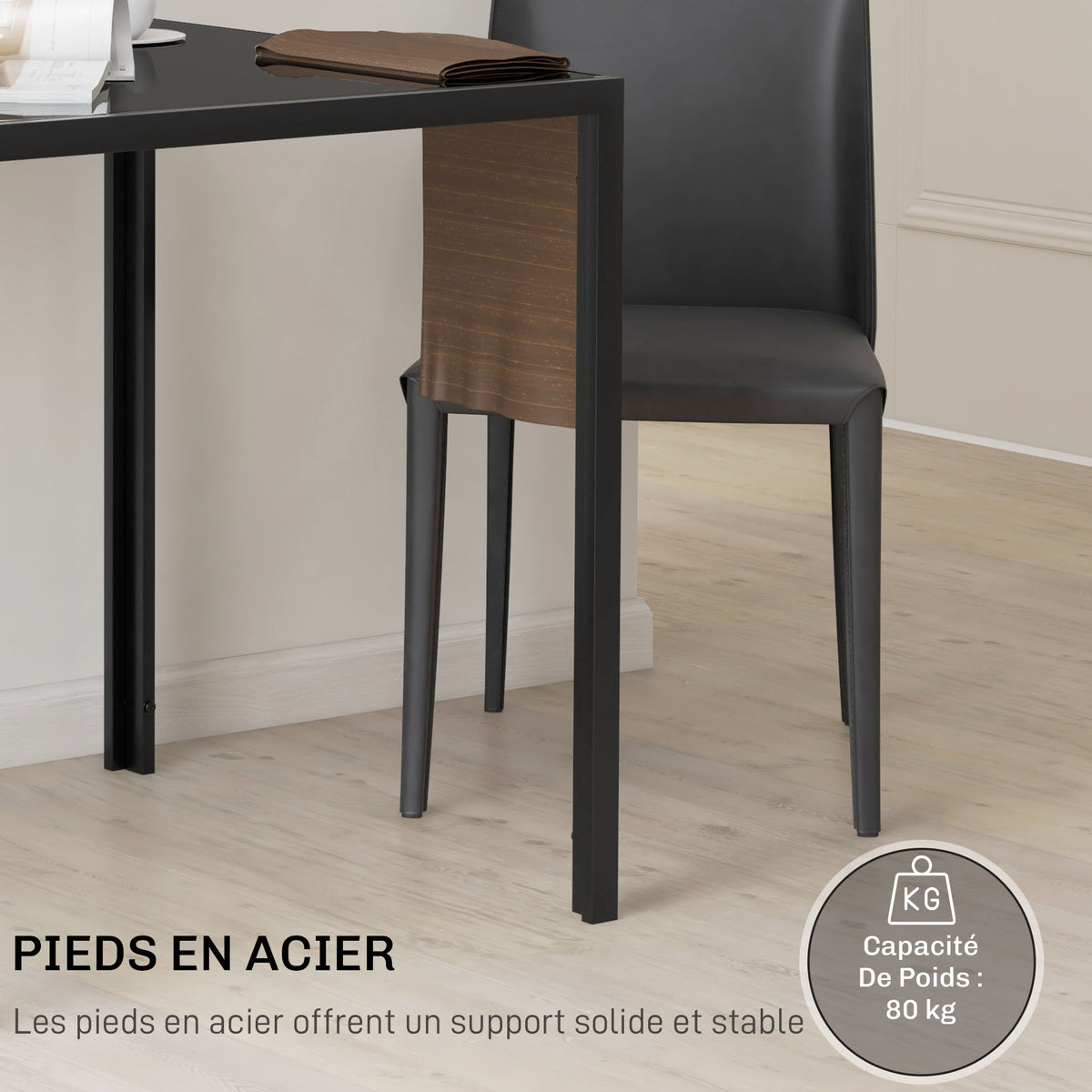 Table à manger pour 4 personnes, table de cuisine avec plateau en verre trempé et pieds en acier, 75 x 75 x 75 cm, noir-4