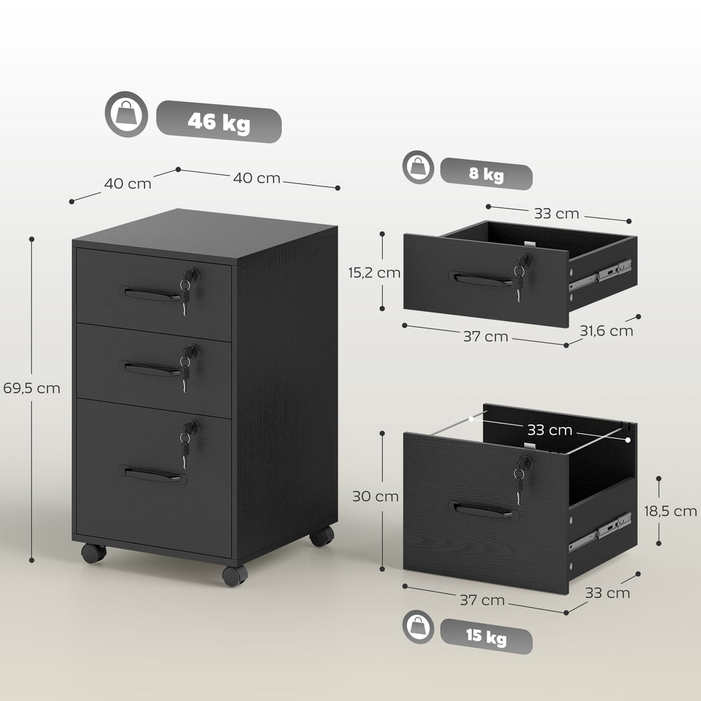 Caisson de Bureau Mobile avec 3 Tiroirs Verrouillables, Caisson de Rangement sur Roulettes, 40 x 40 x 69,5 cm, Noir-2