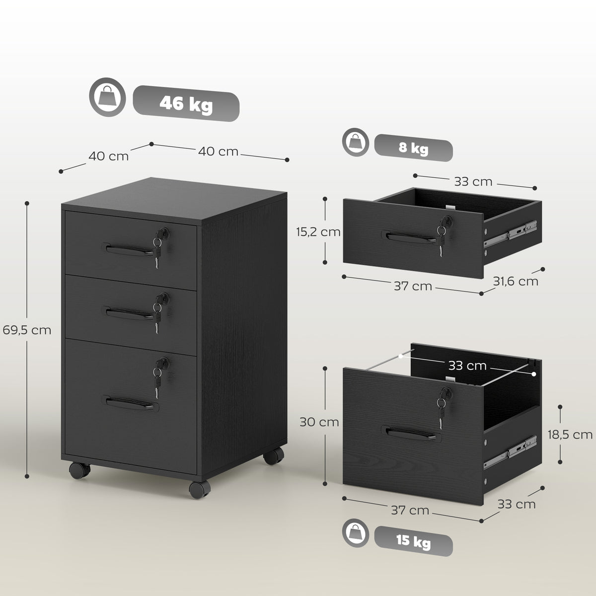 Caisson de Bureau Mobile avec 3 Tiroirs Verrouillables, Caisson de Rangement sur Roulettes, 40 x 40 x 69,5 cm, Noir-2