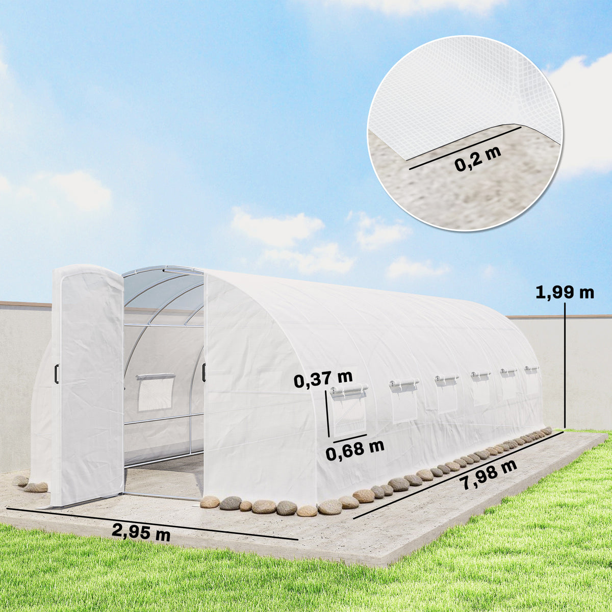 Serre tunnel de jardin 24m², serre de jardin tunnel avec portes et 12 fenêtres avec moustiquaires, 295x798x199cm, blanc-2