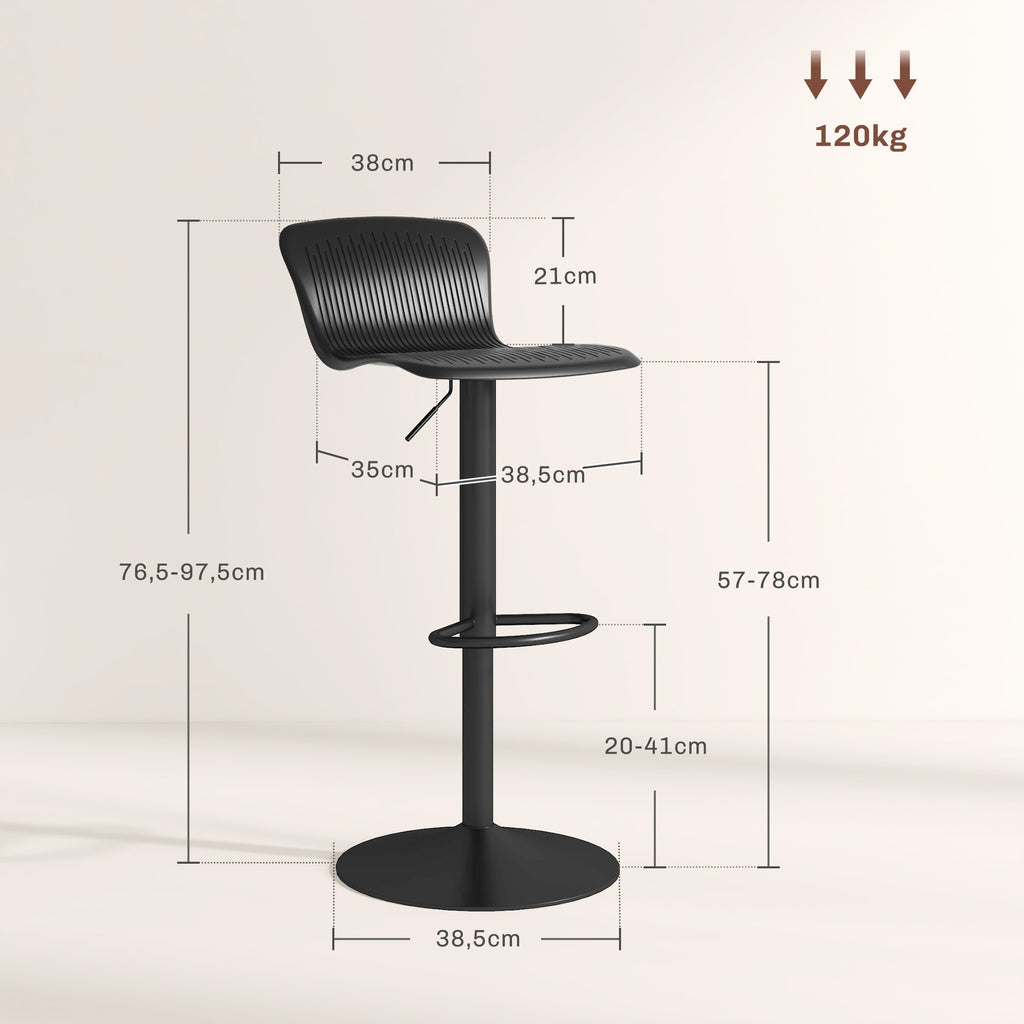 Lot de 2 tabourets de bar, chaises de bar réglable en hauteur, dossier et repose-pieds, 38,5x40x76,5-97,5cm, noir-2