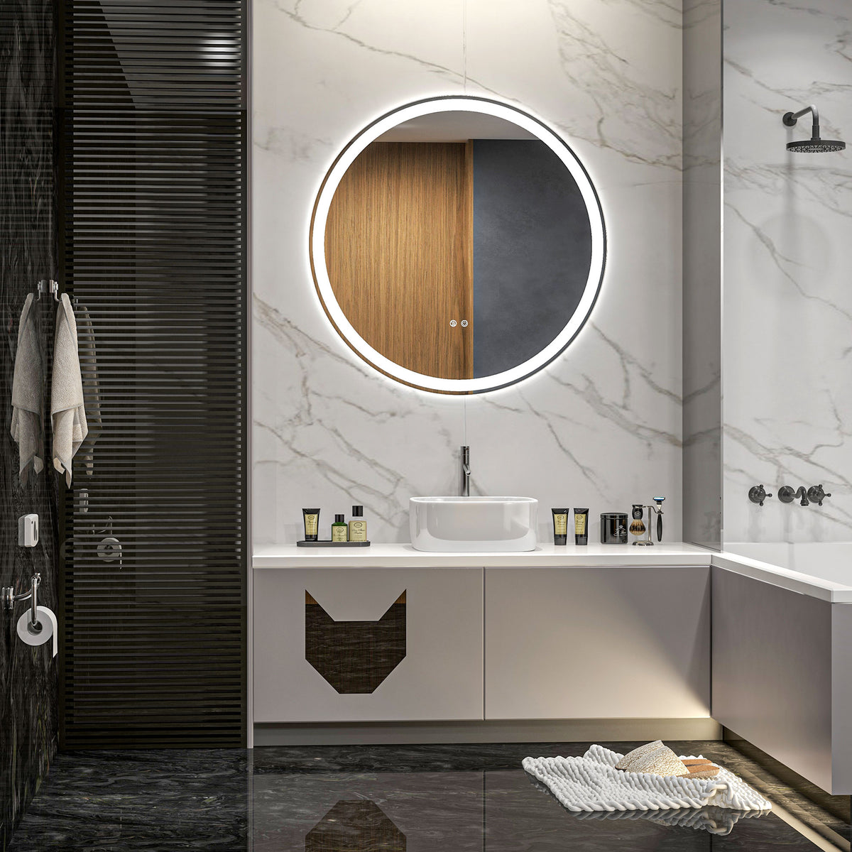 Miroir rond lumineux LED de salle de bain Ø 80 cm mural avec éclairage 3 couleurs interrupteur tactile 46W blanc argent-2