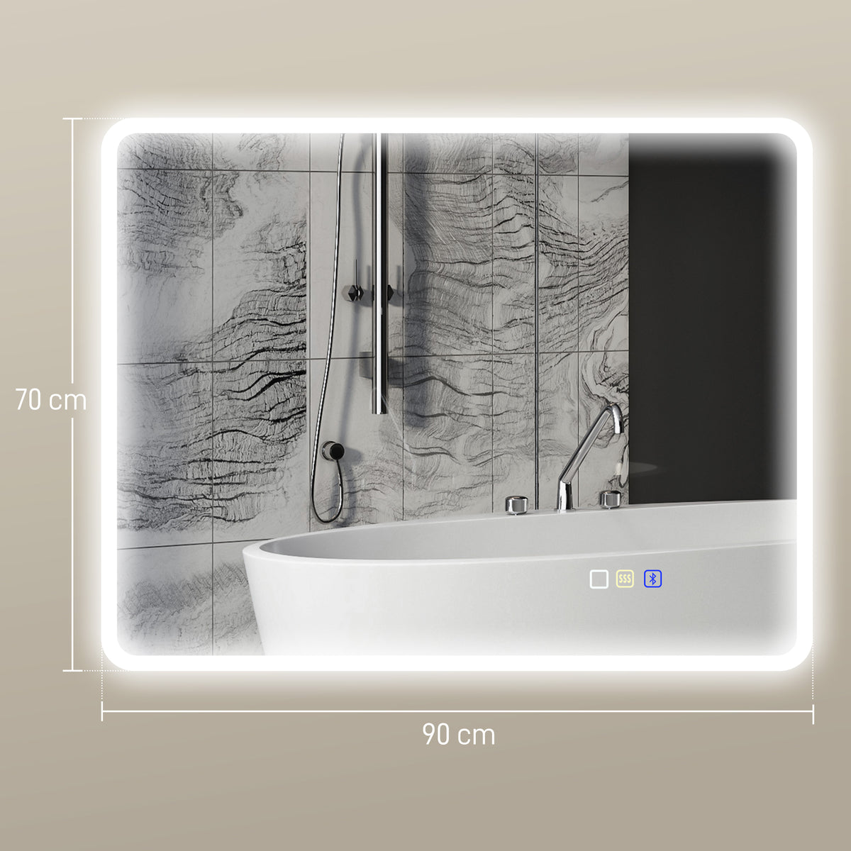 Miroir salle de bain LED bluetooth 70 x 90 cm interrupteur tactile lumière réglable 3 couleurs anti-buée mémoire argent-2