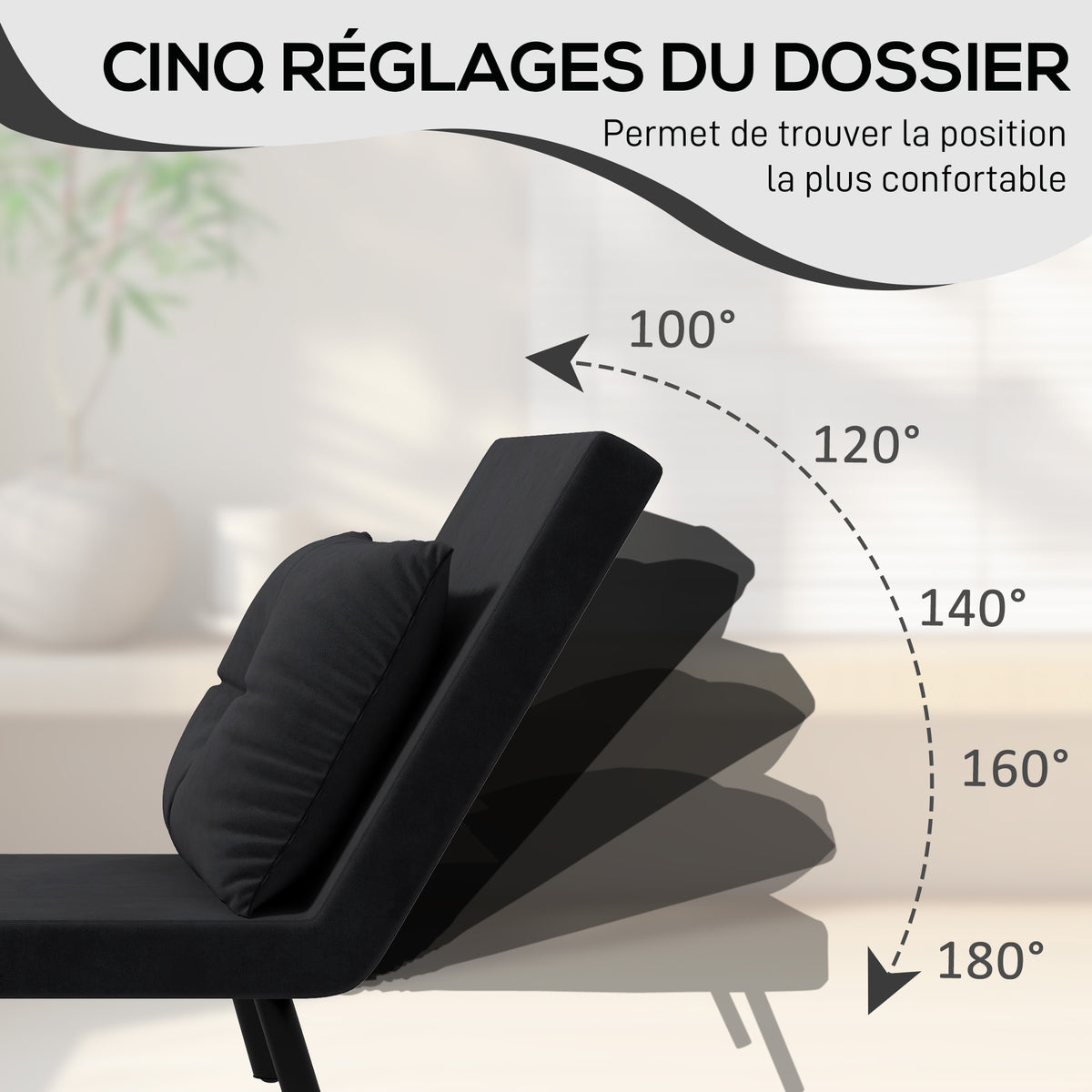 Fauteuil convertible 4 en 1 lit 1 place dossier 5 positions, accoudoirs en bois et coussin, tissu effet velours, noir-4