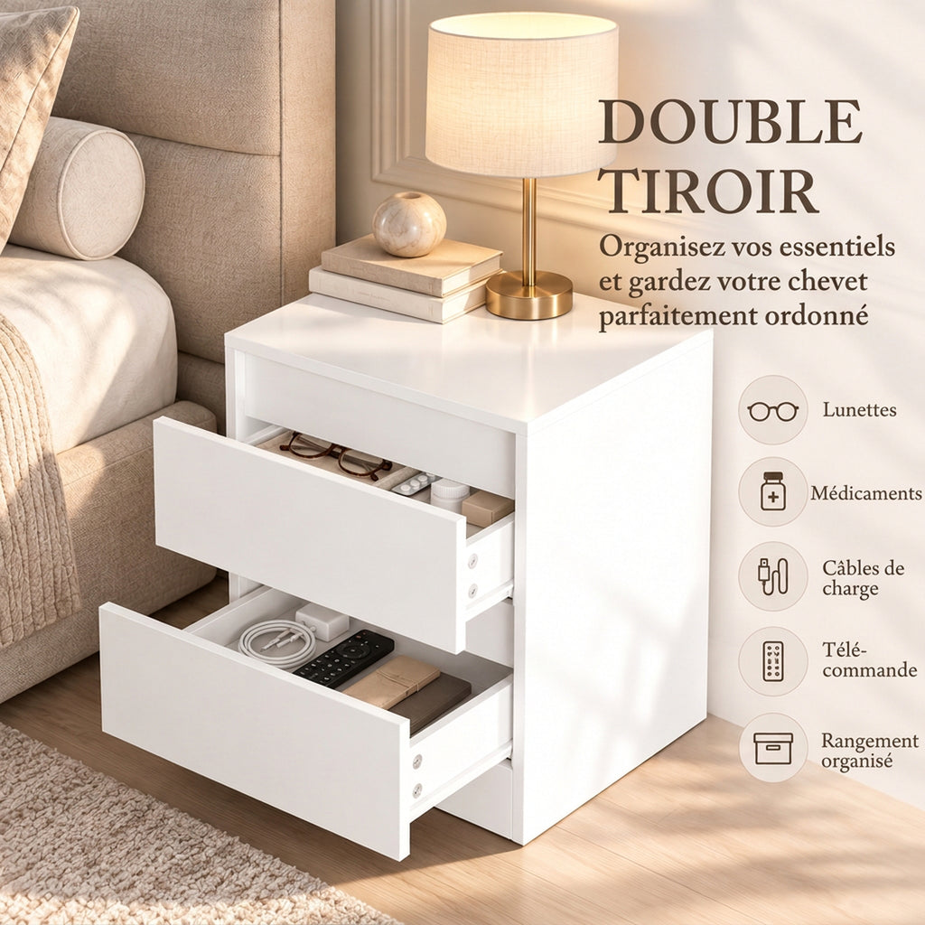 Lot de 2 Tables de Chevet, Tables d'Appoint avec 2 Tiroirs, Style Moderne, pour Chambre, Salon, 40 x 34 x 46,5 cm, Blanc-4