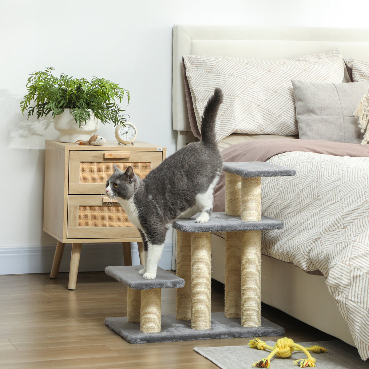 Escalier pour animaux domestiques réglable 3 marches échelle pour chat chien griffoirs en sisal balle 52x34,5x54cm gris-1
