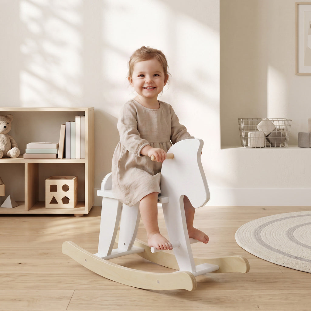 Cheval à Bascule en Bois - Jeu à Bascule Avec Poignées, Repose-Pied et Butées - MDF Contreplaqué Blanc et Bois Naturel-9