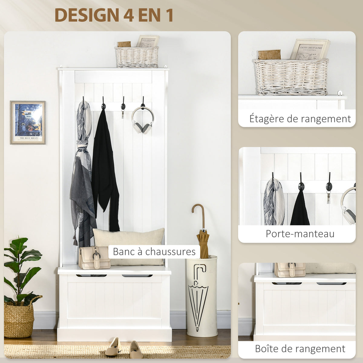 Meuble d'entrée 4 en 1, vestiaire d'entrée avec banc de rangement et 4 crochets doubles, 71,5 x 39,5 x 170 cm, blanc-3