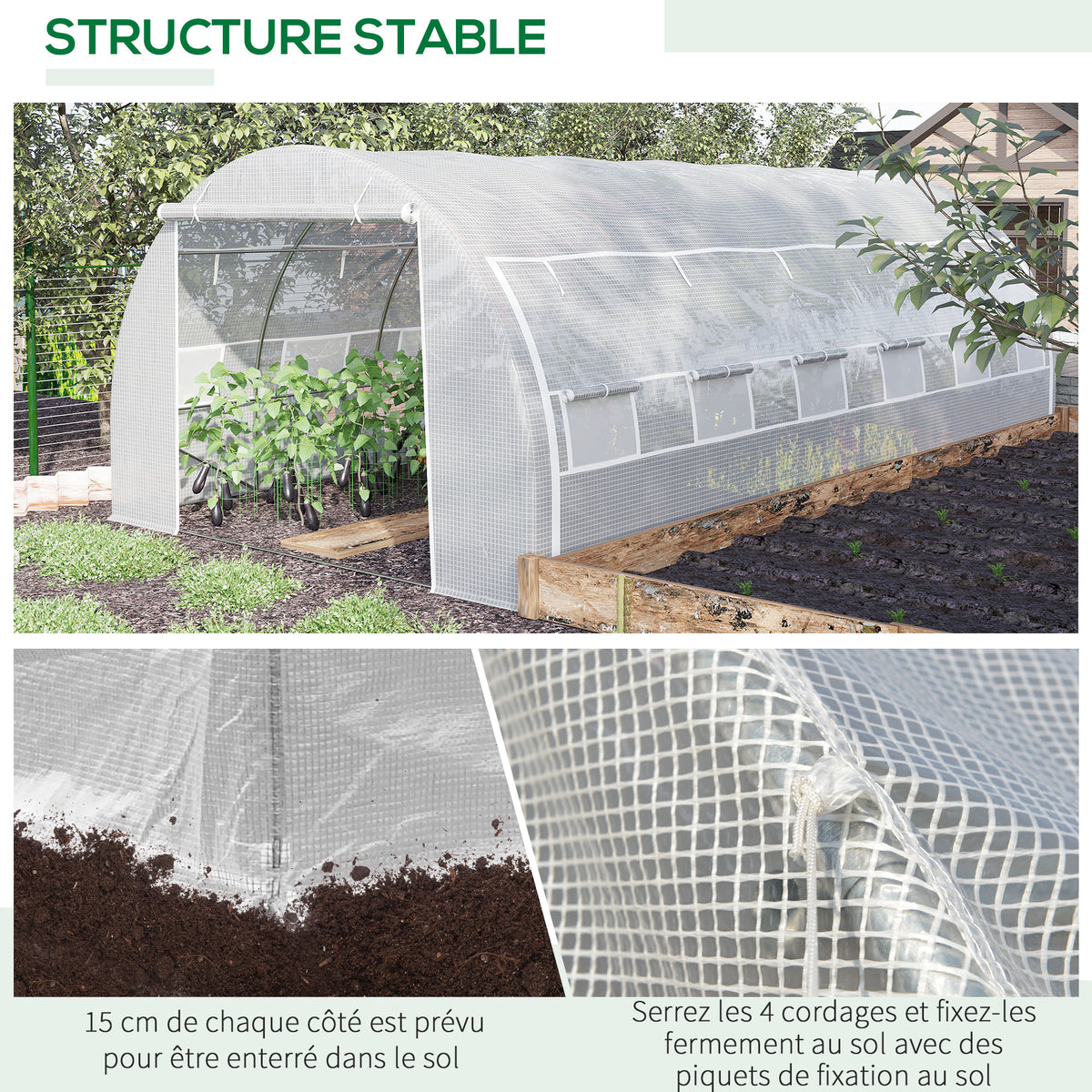 Serre de jardin 18 m² 6L x 3l x 2H m avec porte + parois latérales zippées enroulables, 12 fenêtres, acier PE-6