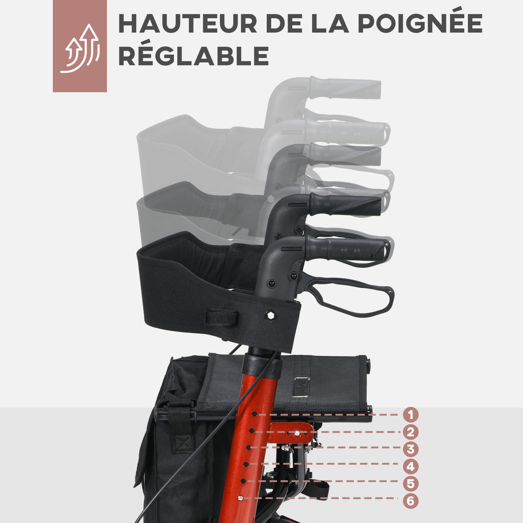 Déambulateur 4 Roues Pliable en Aluminium, Hauteur Réglable 6 Positions, Freins Doubles, Rangement, 64x67x92cm, Rouge-6