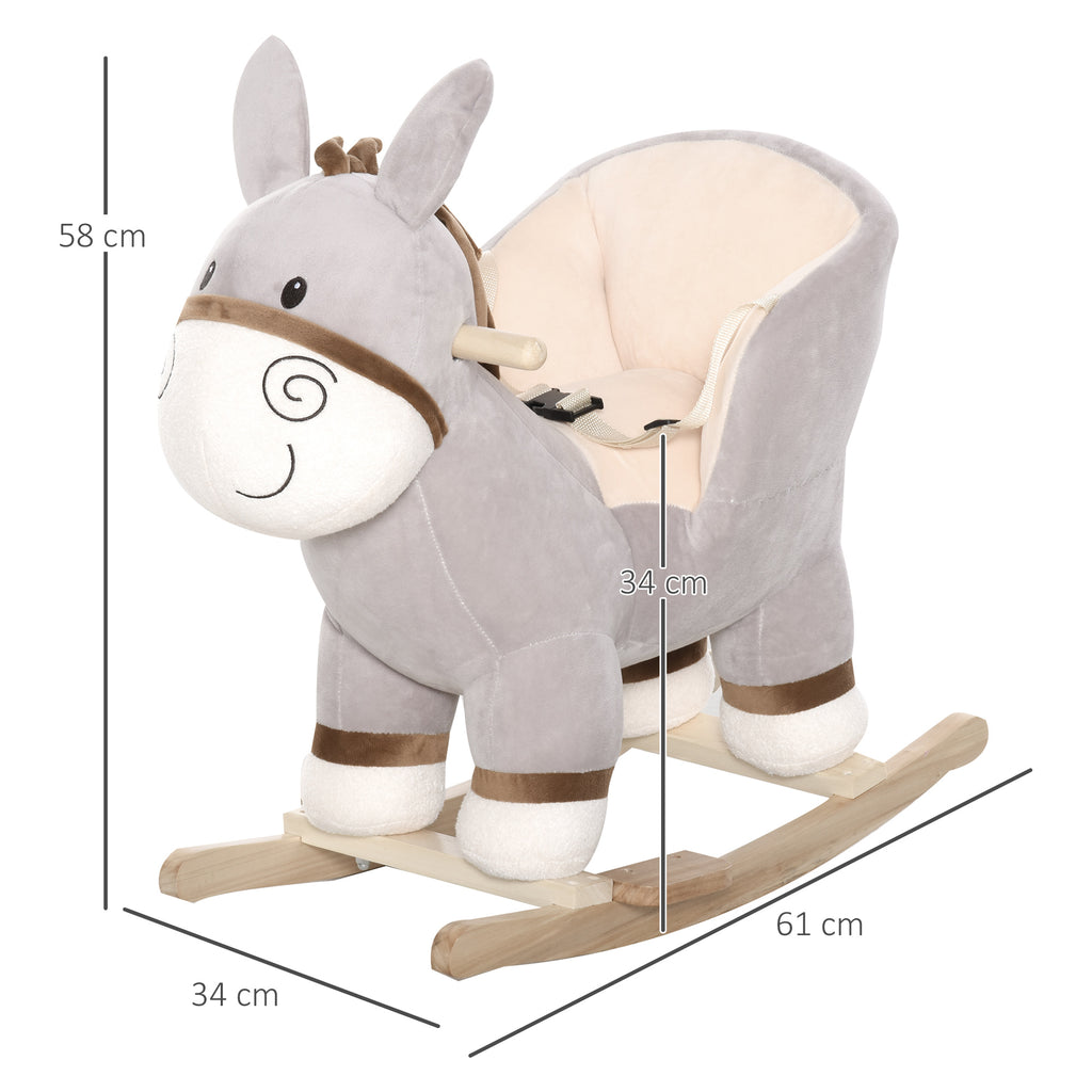 Cheval à Bascule modèle âne Fonction Musicale Selle Grand Confort Peluche Courte Douce Bois peuplier Gris dim. 61L x 34l x 58H cm-2
