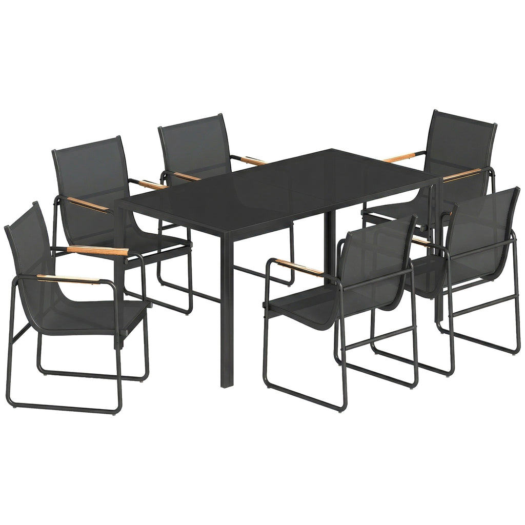 Ensemble de Salle à Manger d'Extérieur 7 Pièces pour 6 Personnes, Table en Verre et Chaises avec Accoudoirs Décoratifs, Maille Résistante aux Intempéries, Noir-0