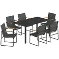Ensemble de Salle à Manger d'Extérieur 7 Pièces pour 6 Personnes, Table en Verre et Chaises avec Accoudoirs Décoratifs, Maille Résistante aux Intempéries, Noir-0