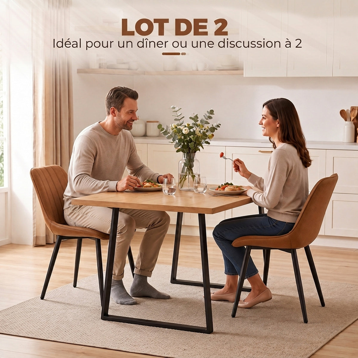 Lot de 2 Chaises de Salle à Manger Modernes, Dossier et Assise Incurvés, en Revêtement Synthétique, 51x61x78cm, Marron-3