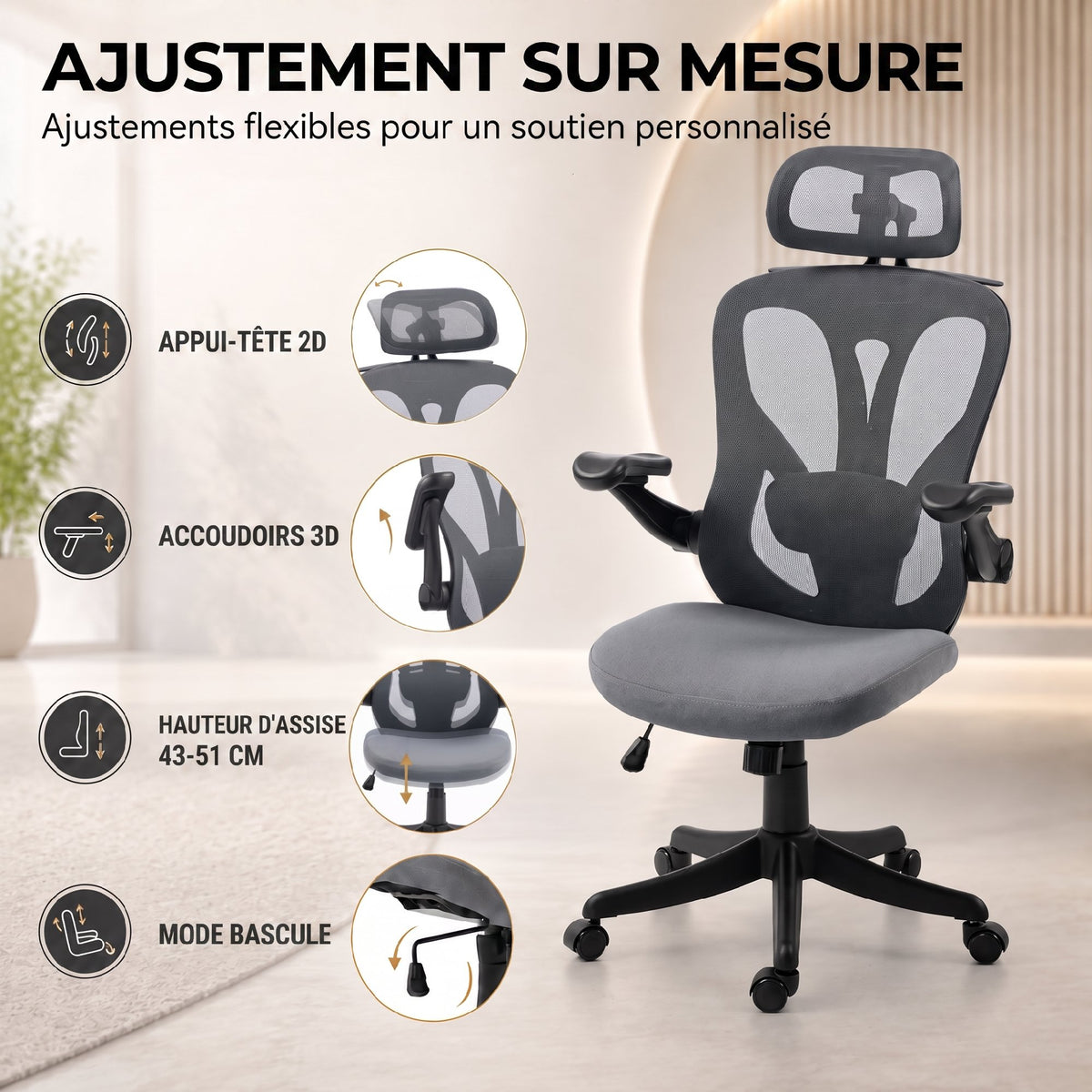Chaise Bureau Ergonomique avec Accoudoirs 3D et Appui-Tête 2D, Fauteuil de Bureau en Maille, Support Dorsal, Gris-3