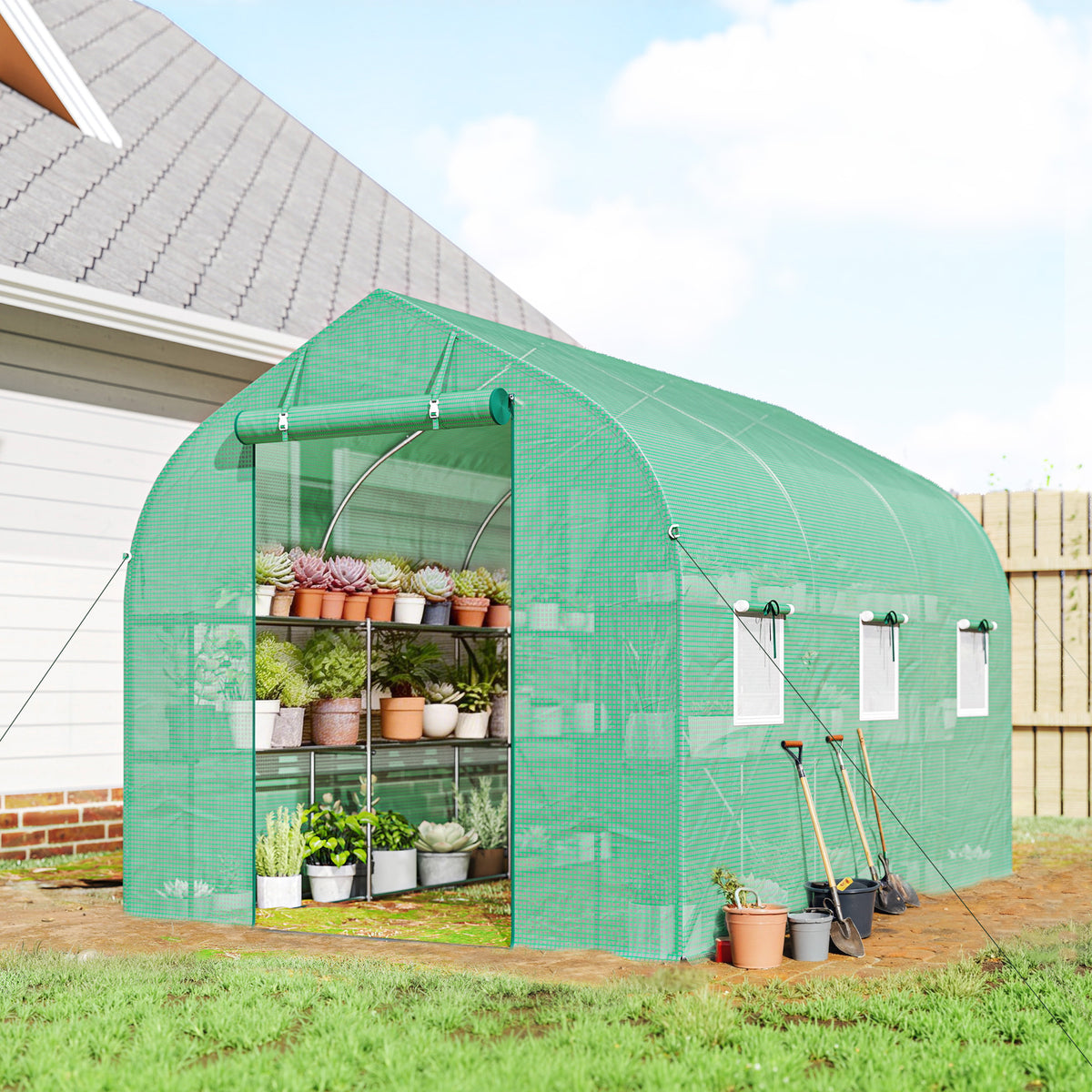 Serre tunnel de jardin 6m², serre de jardin avec étagères, porte et 6 fenêtres, cadre en acier galvanisé, vert-1