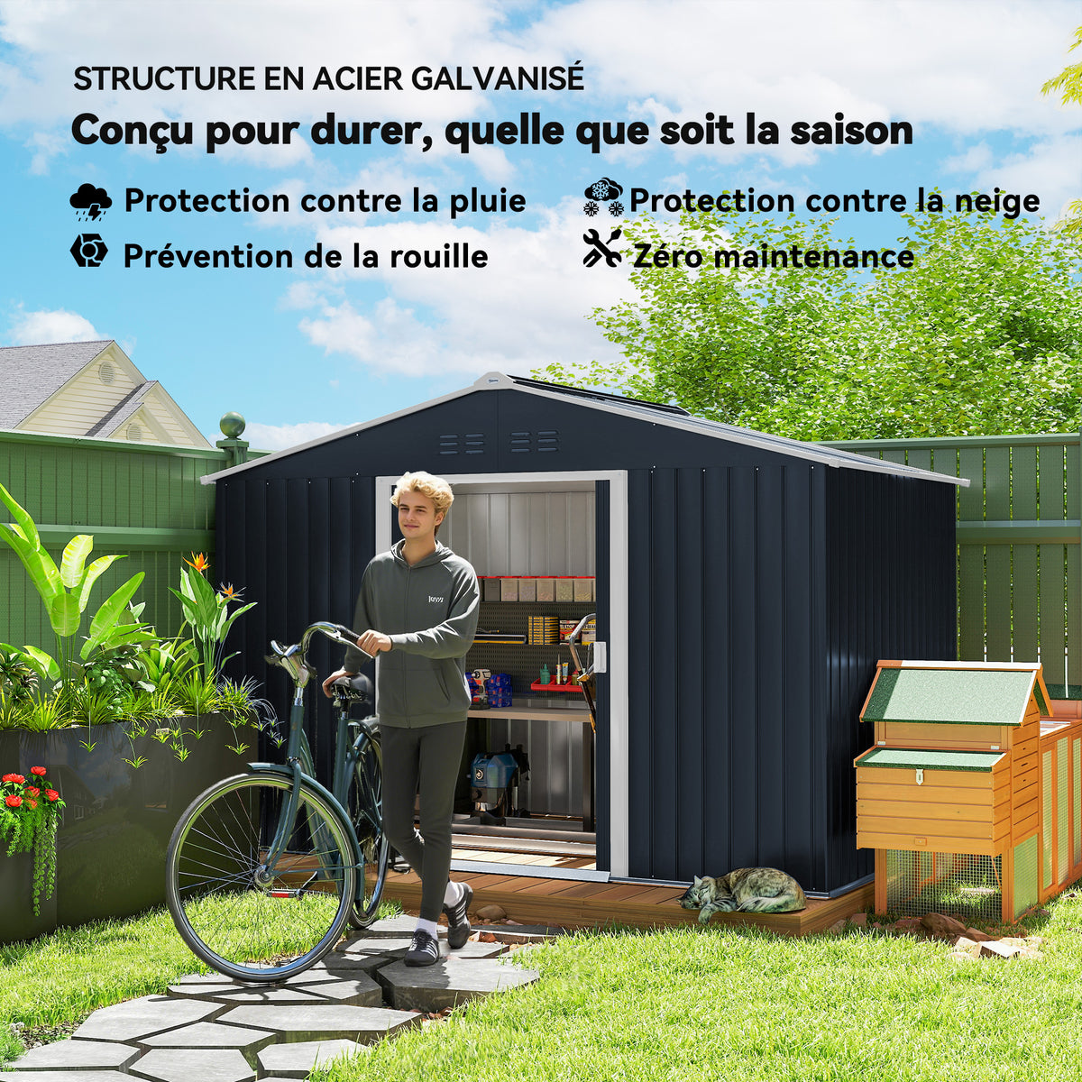 Abri de jardin 5,4 m² 2,77 x 1,95 x 1,92 m kit de fondation incluse porte coulissante ventilations tôle acier gris foncé-4