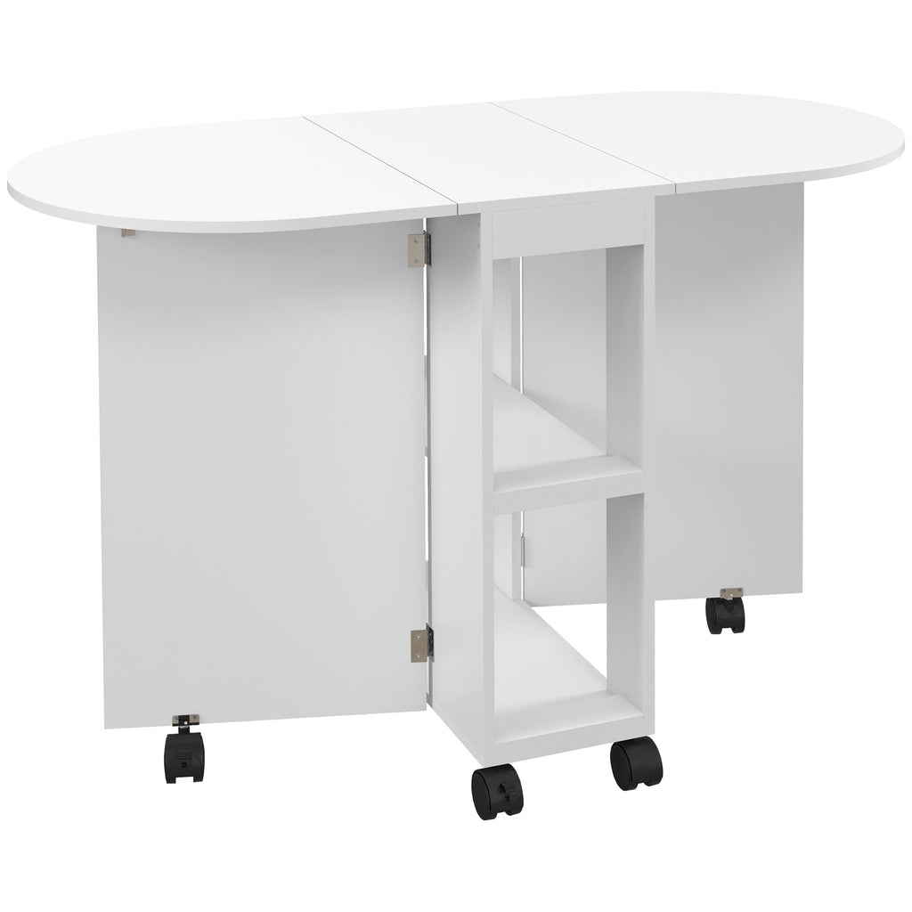 Table à manger pliante sur roulettes, table de cuisine pour 4 personnes, 2 abattants et 2 étagères, 120x60x77cm, blanc-0