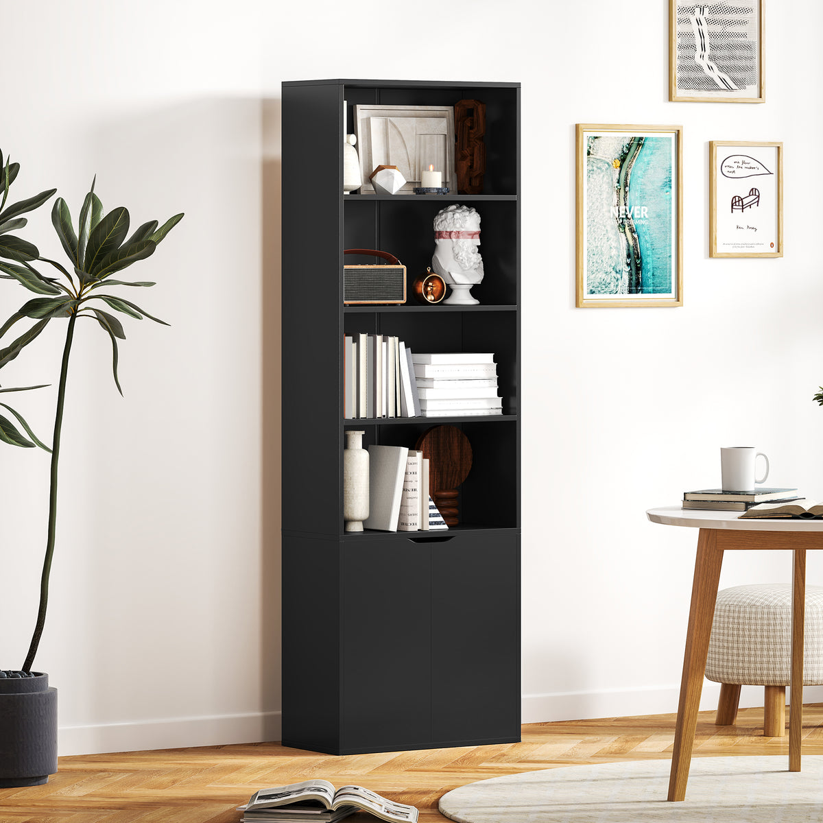 Bibliothèque Armoire à livres avec 4 compartiments ouverts et 2 portes pour le salon et le bureau 59x29x180 cm Noir-9