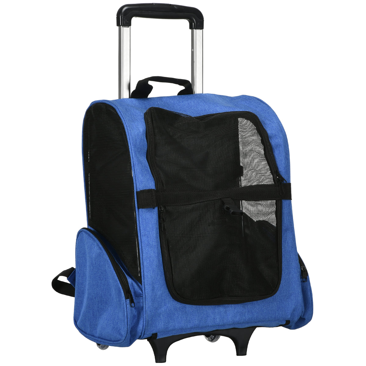 Sac de transport à roulettes pour chien 2 en 1 trolley chariot sac à dos pour chien chat avec poignée téléscopique, sacs de rangement, aérations, attache de sécurité, 42 x 25 x 55 cm, bleu-0
