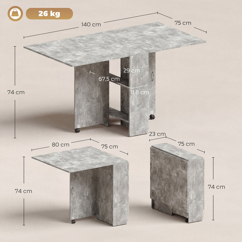 Table pliante de cuisine salle à manger amovible sur roulettes 75L x 140l x 74H cm 2 étagères intégrées en bois-2
