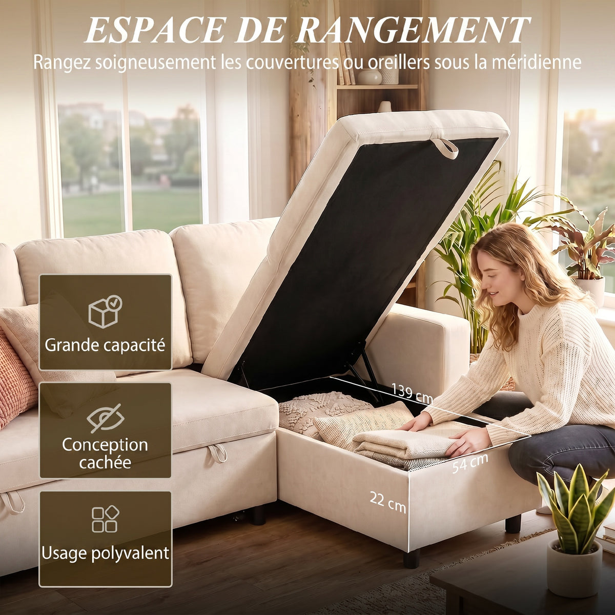 Canapé d'angle convertible modulable avec méridienne réversible, coffre de rangement et 3 coussins de dossier, crème-5