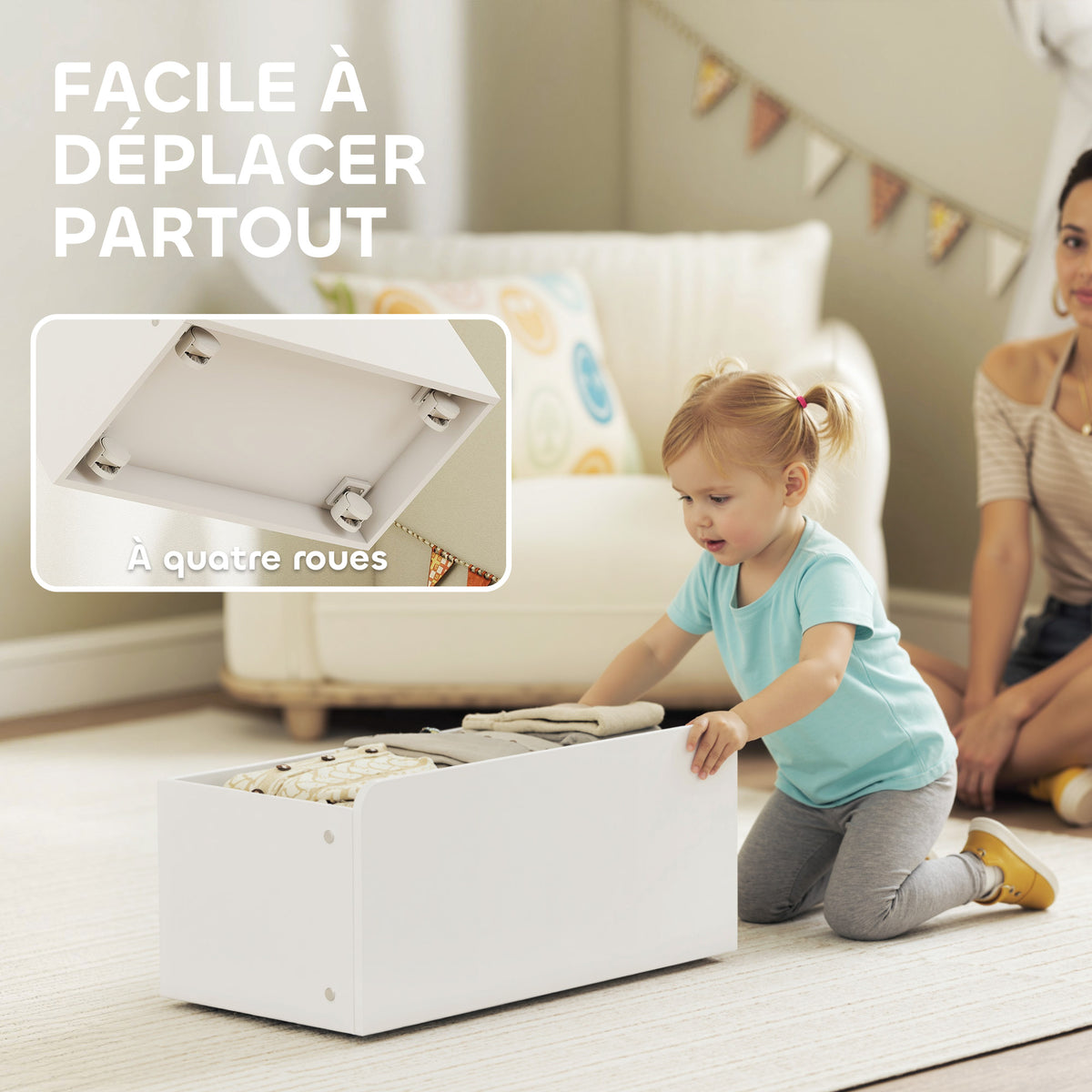 Meuble rangement enfant rangement jouet enfant 6 bacs amovibles et grand coffre à roulettes 100 x 30 x 80 cm blanc-4