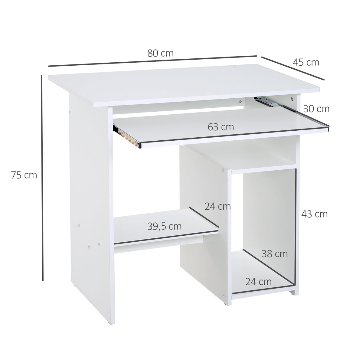 Bureau d'ordinateur, bureau avec rangement, plateau pour clavier et support de moniteur, 80 x 45 x 75 cm, blanc-2