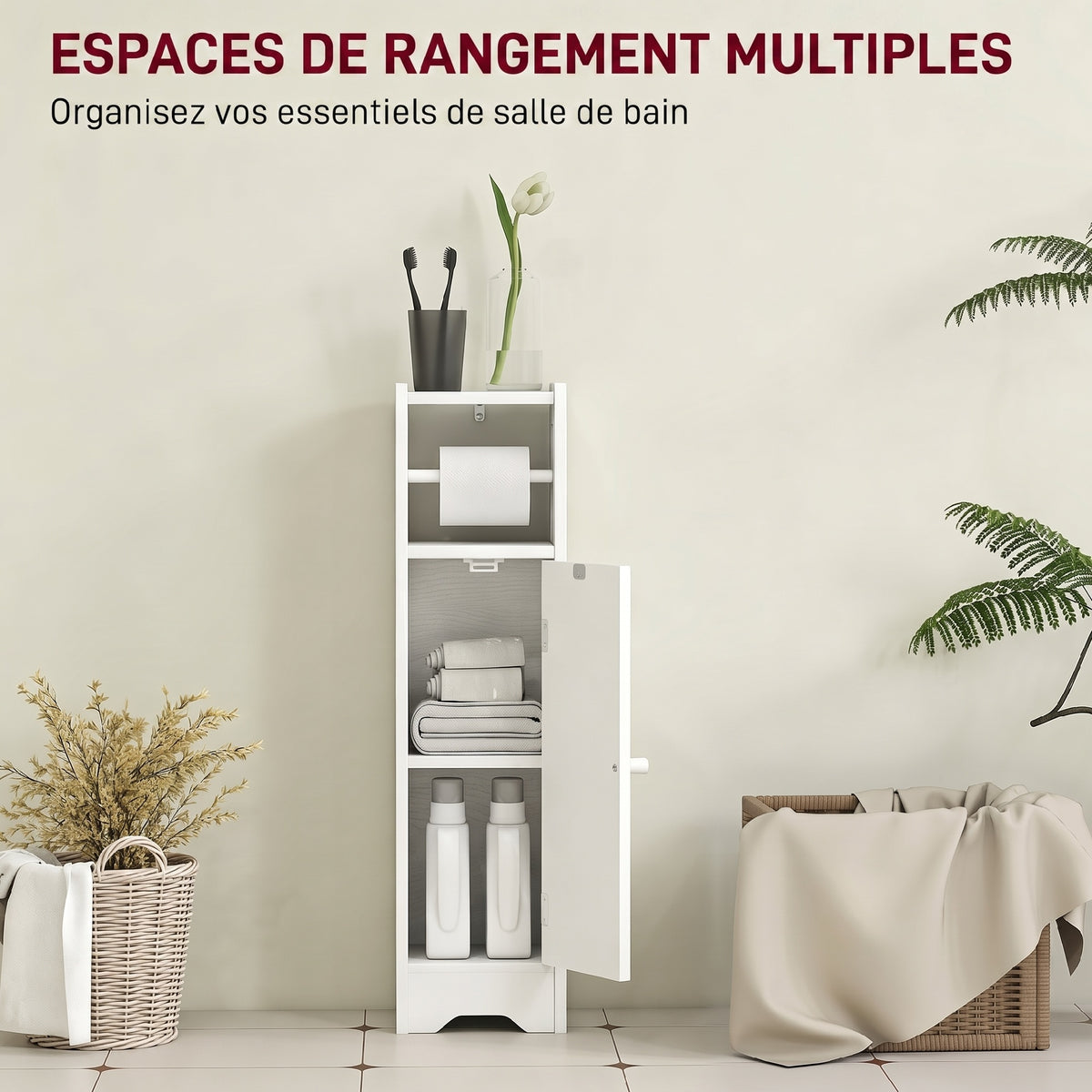 Meuble salle de bain meuble toilettes WC rangement étroit avec étagère réglable gain de place pour petits espaces blanc-3