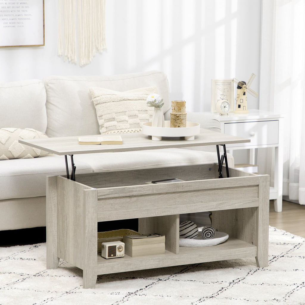 Table basse plateau relevable, table de salon avec étagères et compartiment caché,105 x 50 x 49-62,5 cm pour salon, chambre, aspect chêne clair-1