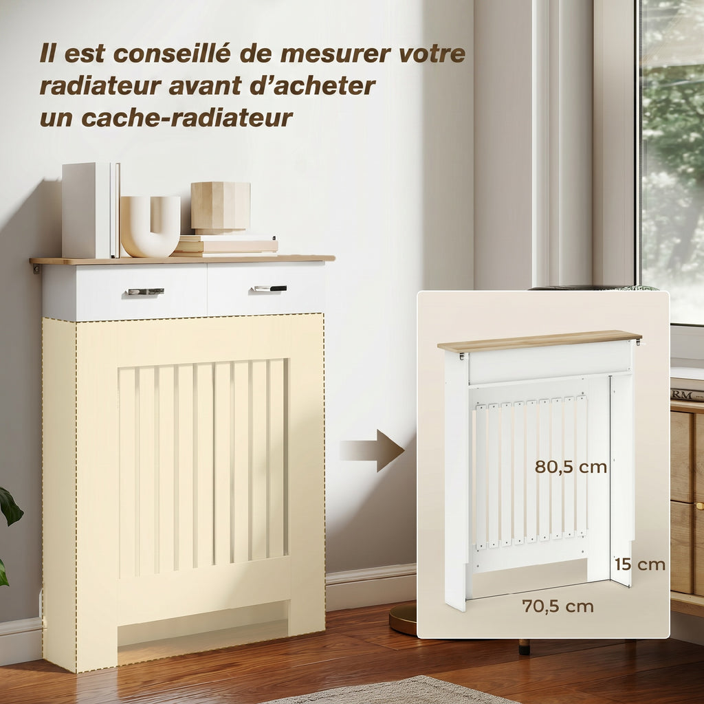 Cache-radiateur avec tiroir de rangement, meuble cache-radiateur en bois à lattes verticales, 78 x 19 x 97 cm, blanc-6