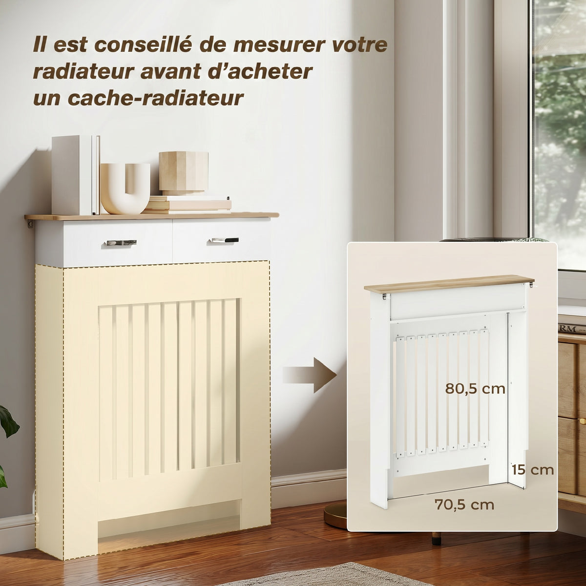 Cache-radiateur avec tiroir de rangement, meuble cache-radiateur en bois à lattes verticales, 78 x 19 x 97 cm, blanc-6
