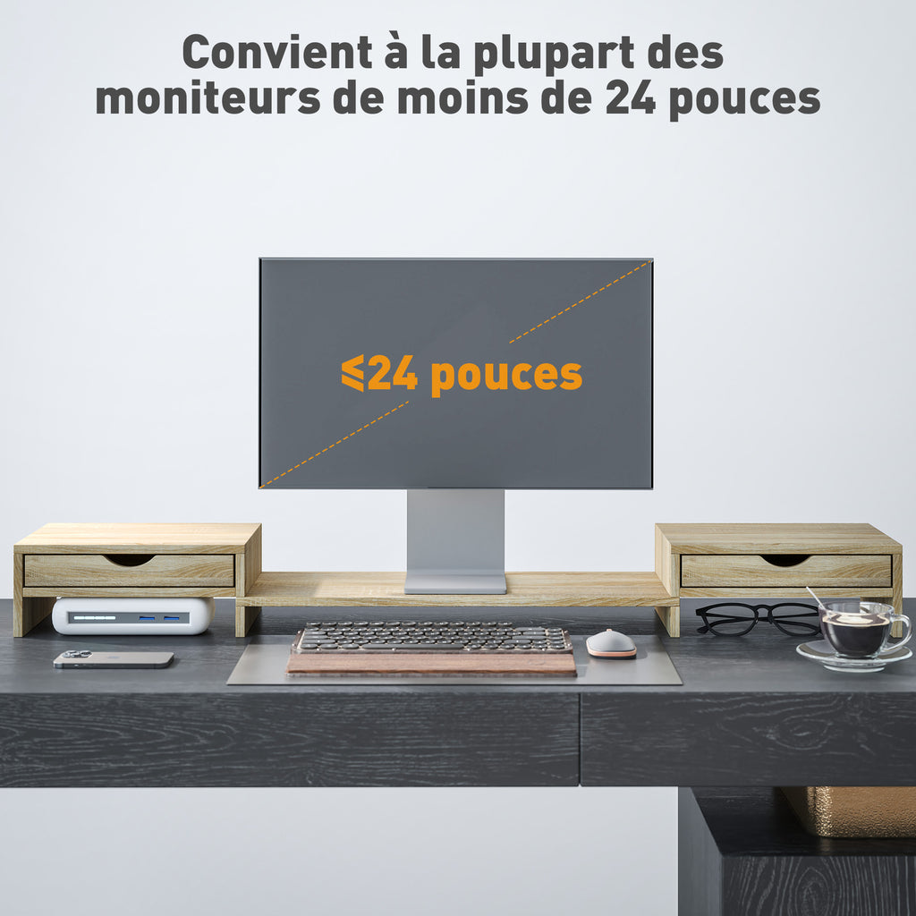 Rehausseur écran PC bureau support d'écran d'ordinateur de 60-116 cm avec 2 tiroirs, longueur et angle réglables-6