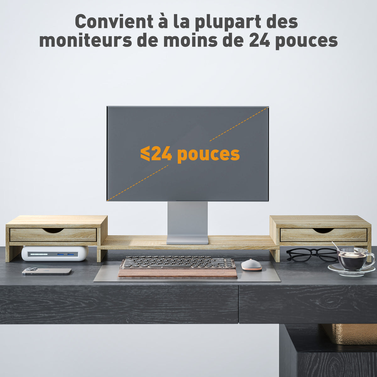 Rehausseur écran PC bureau support d'écran d'ordinateur de 60-116 cm avec 2 tiroirs, longueur et angle réglables-6