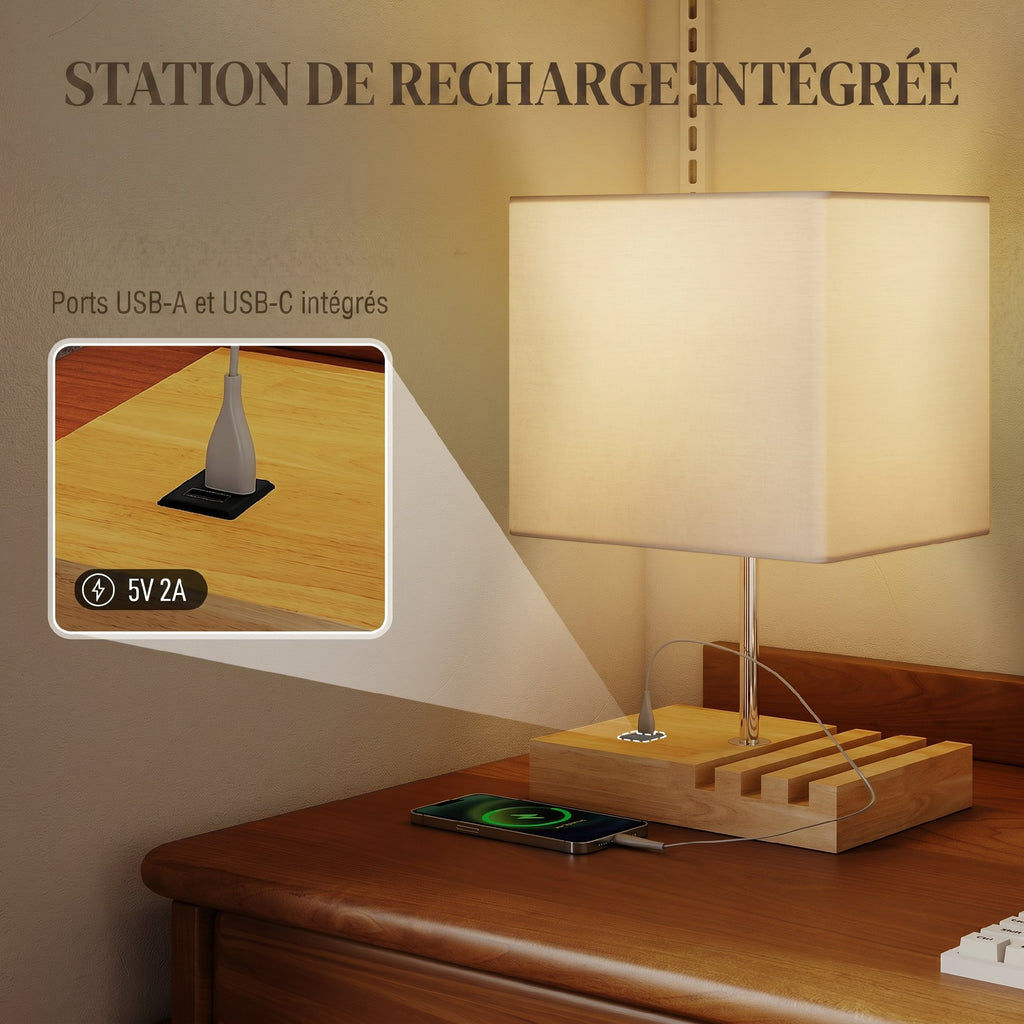 Lampe de chevet avec USB A+C, lampe de table moderne, 3 supports pour téléphone, ampoules non incluses, blanc-3