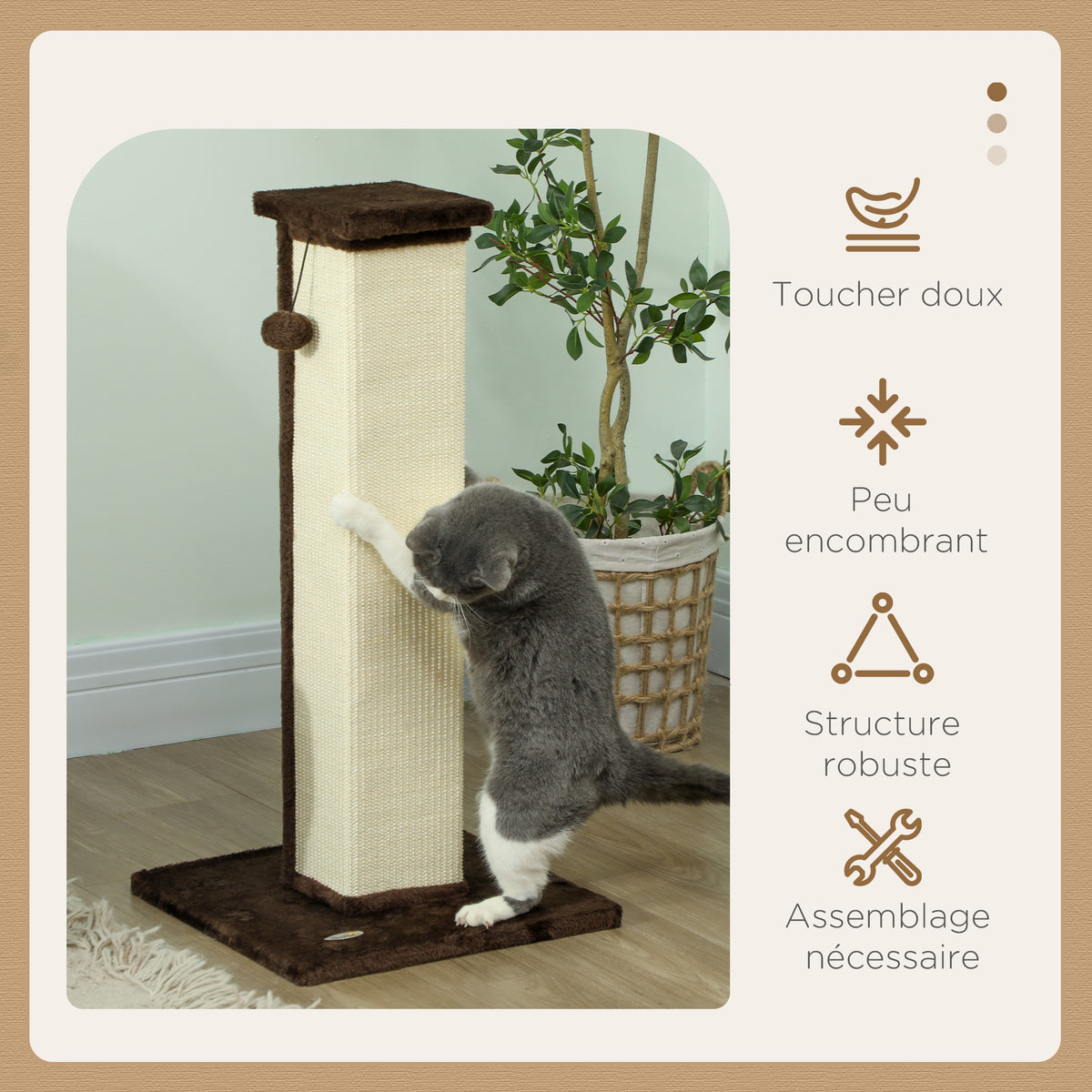 Griffoir pour chat poteau griffoir chat en sisal et peluche, boule suspendue base stable 41 x 41 x 81 cm marron et crème-3