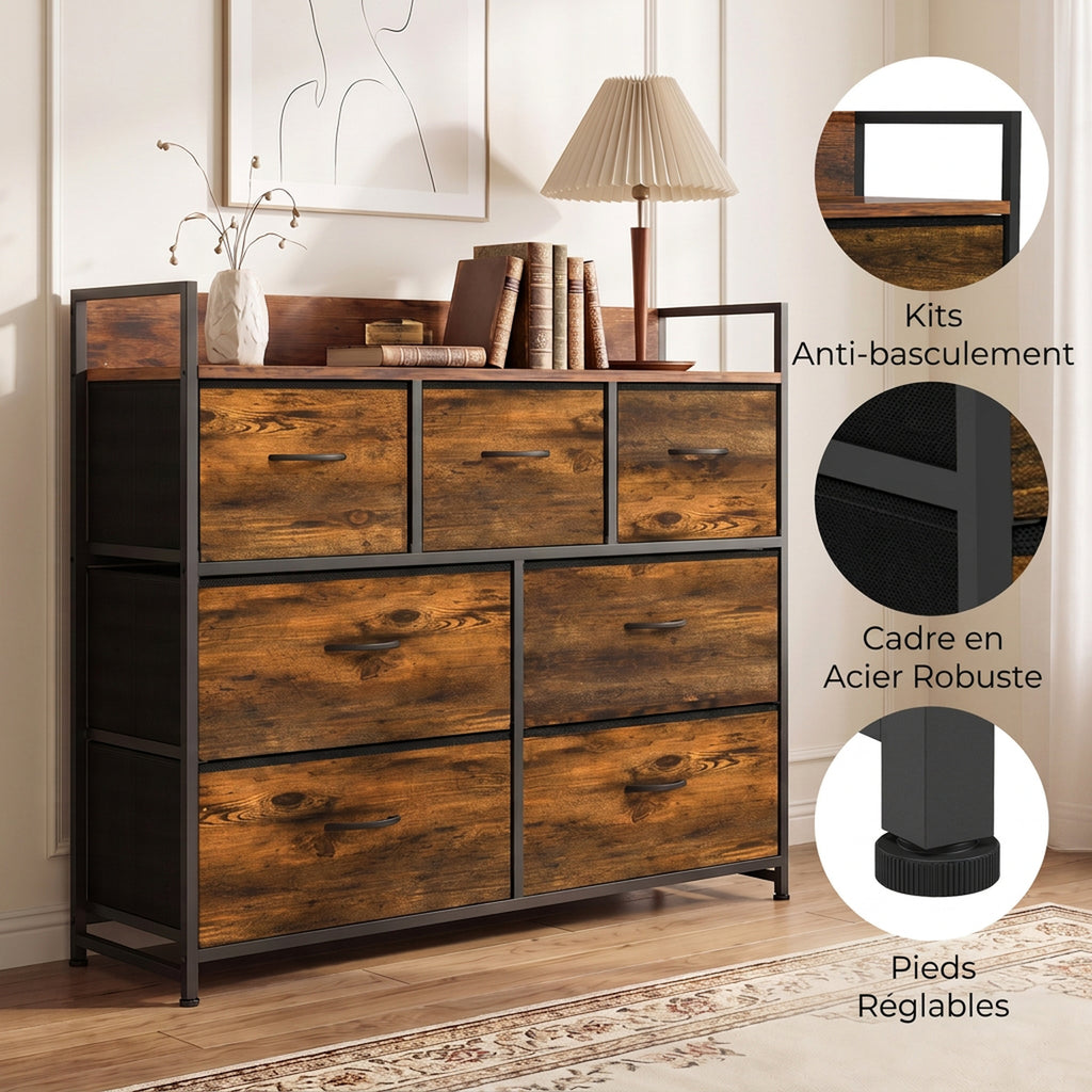 Commode 7 Tiroirs en Tissu Pliables, Commode Chambre Adulte avec Plateau Supérieur et Cadre en Acier, Brun Rustique-6