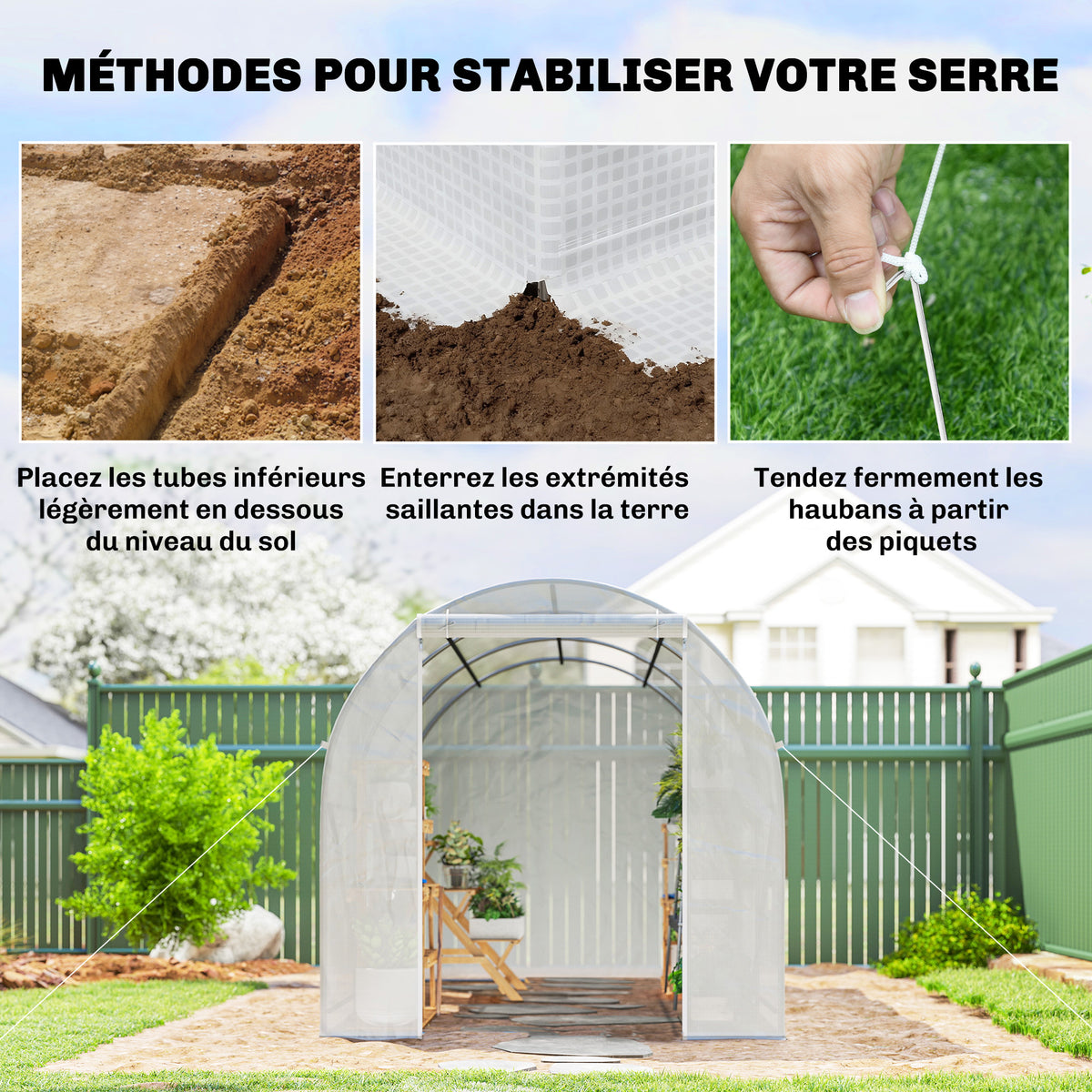 Serre tunnel de jardin 7m², serre de jardin tunnel avec porte et 6 fenêtres, bâche PE 140 g/m² 350 x 200 x 200 cm blanc-6