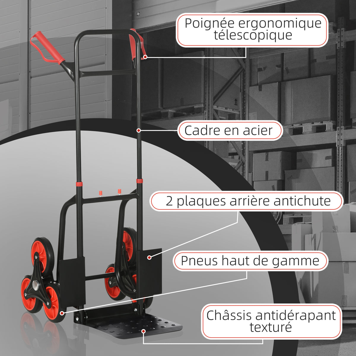 Diable d'escalier pliable 120 kg 6 roues, diable demenagement en acier avec cordes télescopiques, 44x67x106,5cm, rouge-5