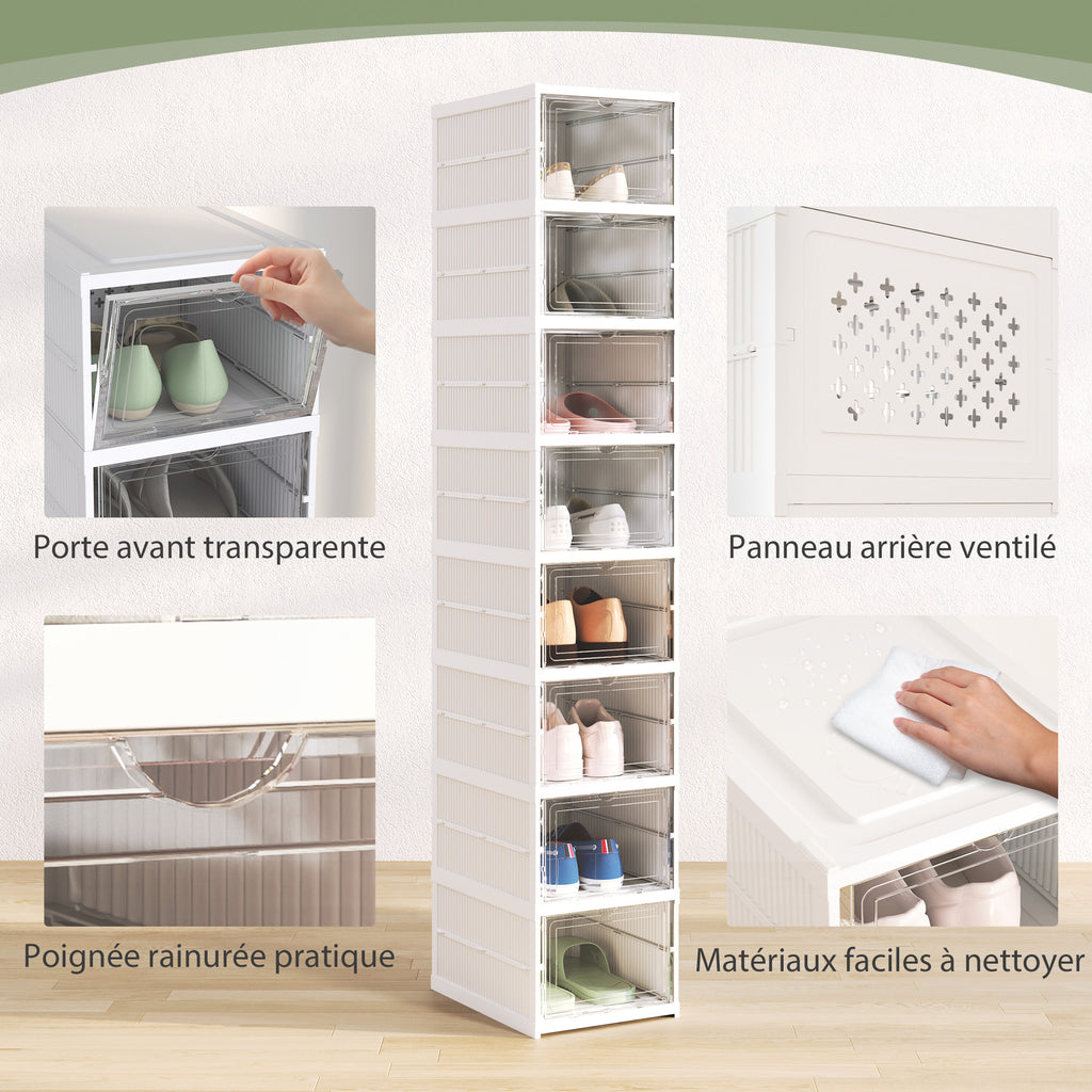 Lot de 8 boîtes à chaussures pliables en plastique empilables avec couvercles, pour pointure jusqu'à 43, blanc-4