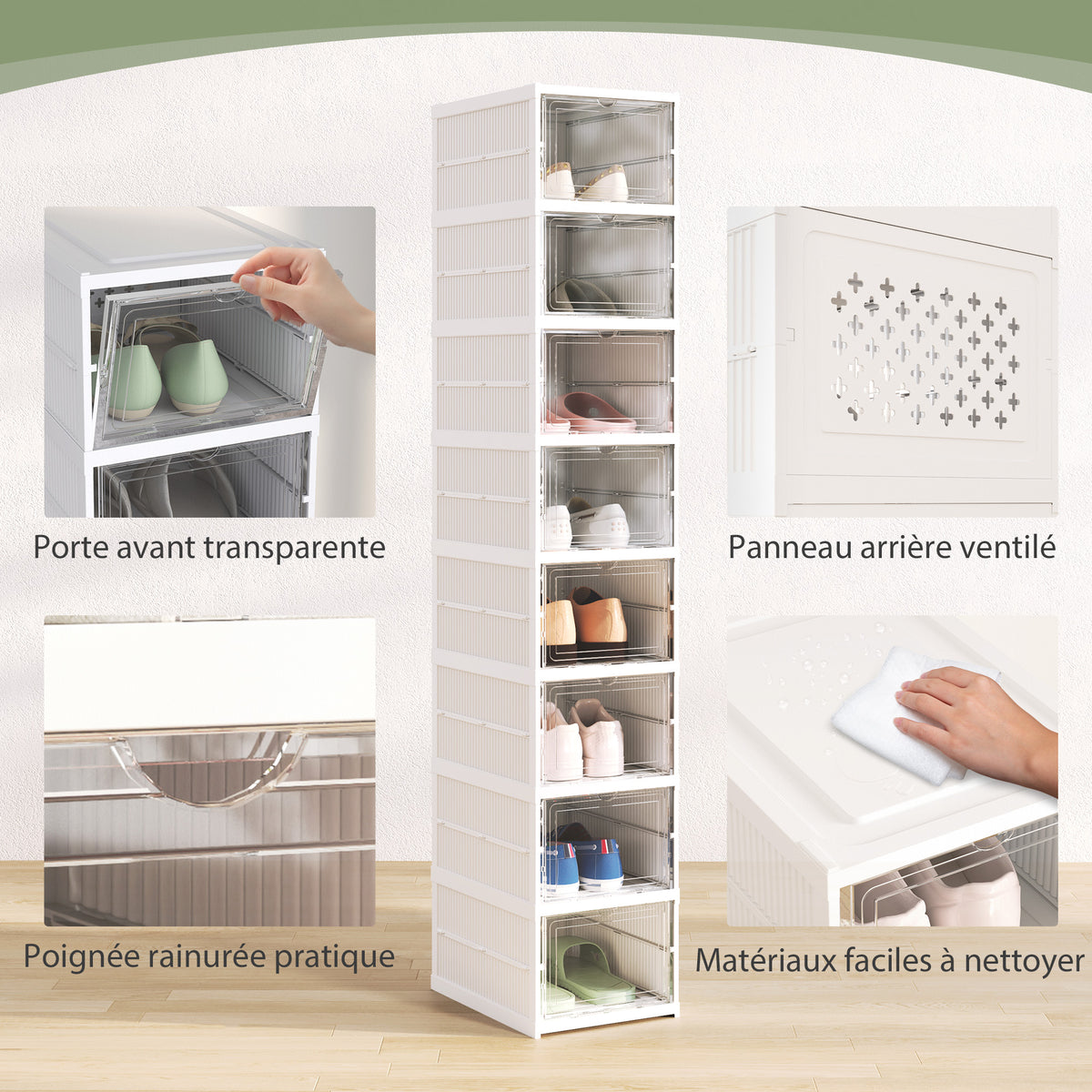 Lot de 8 boîtes à chaussures pliables en plastique empilables avec couvercles, pour pointure jusqu'à 43, blanc-4