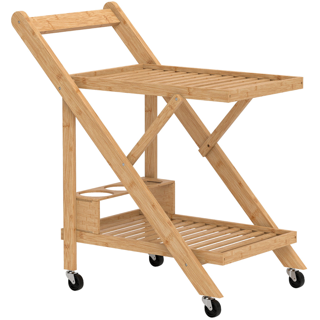 Desserte de cuisine en bambou chariot de service pliable 2 plateaux 4 roues 3 casiers à vin 66 x 40 x 70 cm bois naturel-0