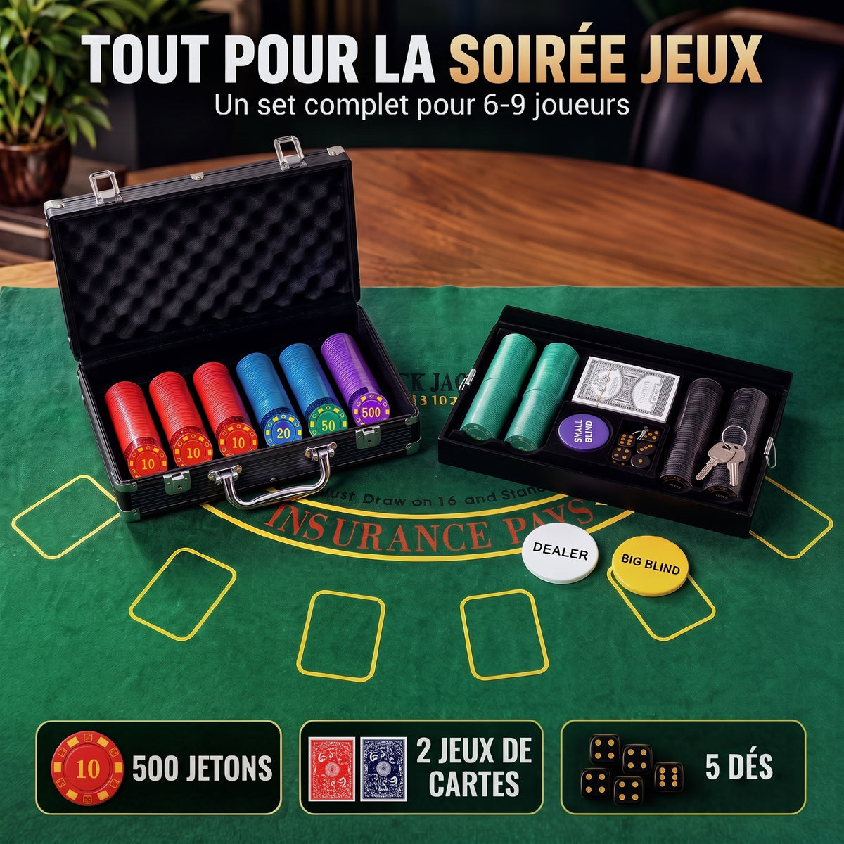 Mallette de Poker 500 Jetons 5 Valeurs, 2 Jeux de Cartes, Tapis de Jeu, Bouton Dealer, Blind, Alu, 31x17x11,5cm, Noir-3