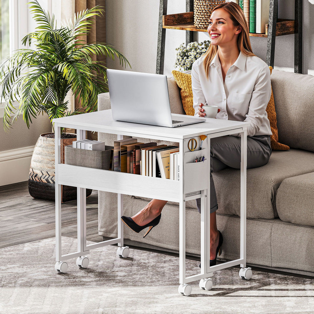 Bureau pliable sur roulettes 80 x 50 cm avec étagère et sac de rangement, blanc-8