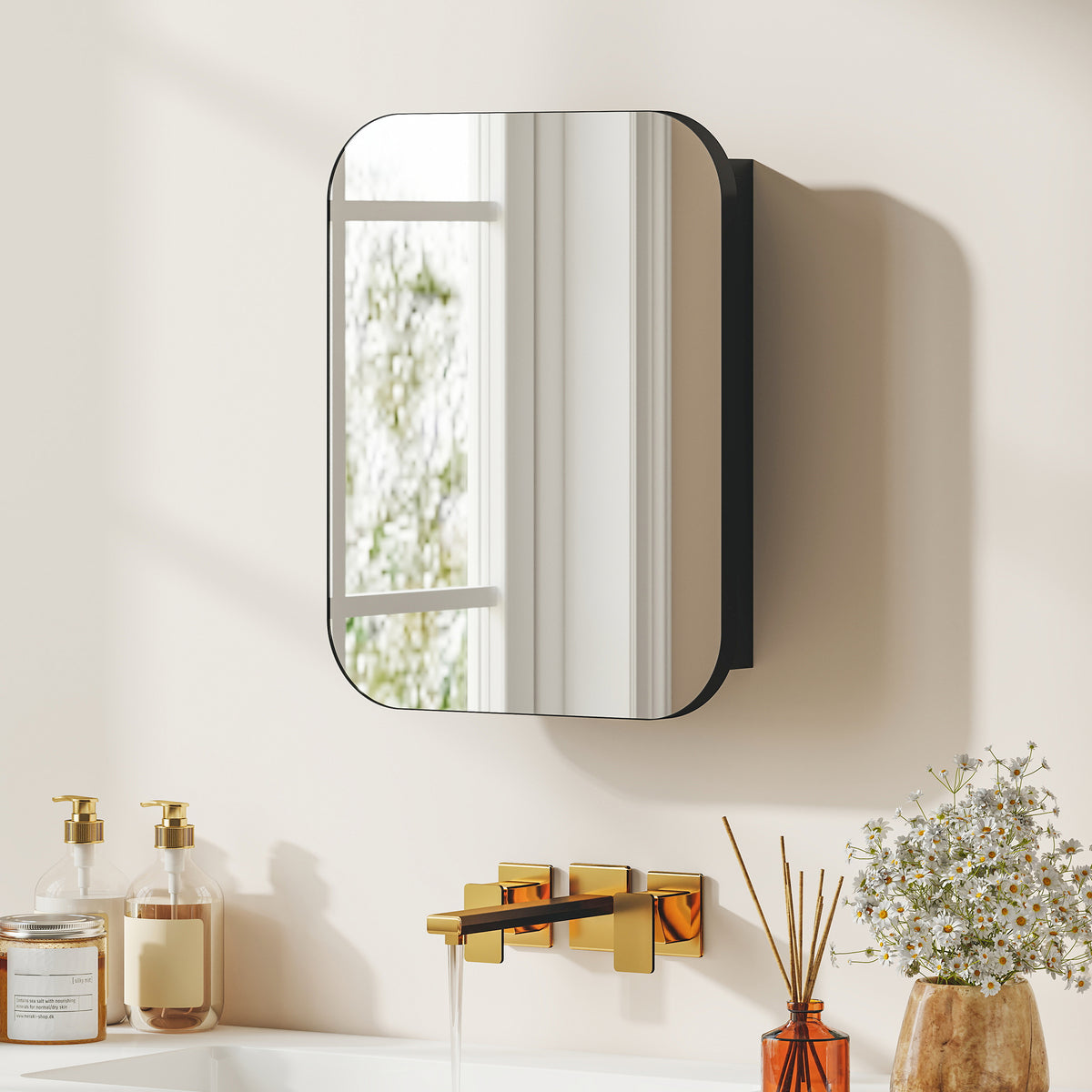 Armoire Murale Salle de Bain avec Miroir, 40 x 10 x 51 cm, avec Porte Miroir à Fermeture Douce et Étagères Réglables, Noir-1