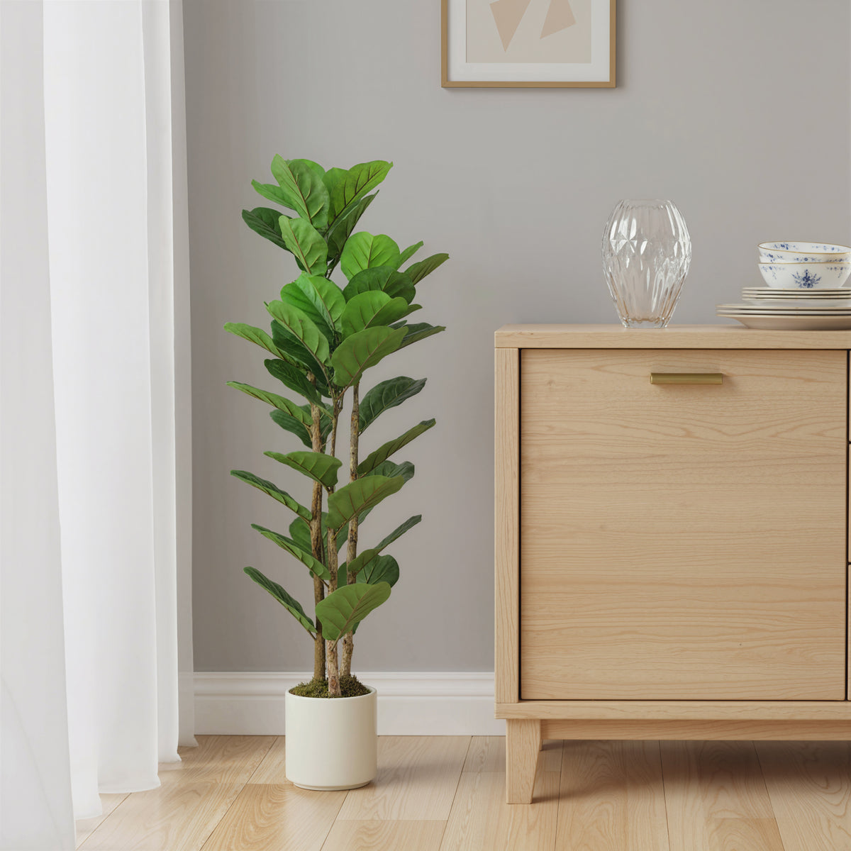 Plante artificielle intérieure 120 cm Figuier lyre arbre artificiel avec pot en plastique et tronc en bois massif, vert-7
