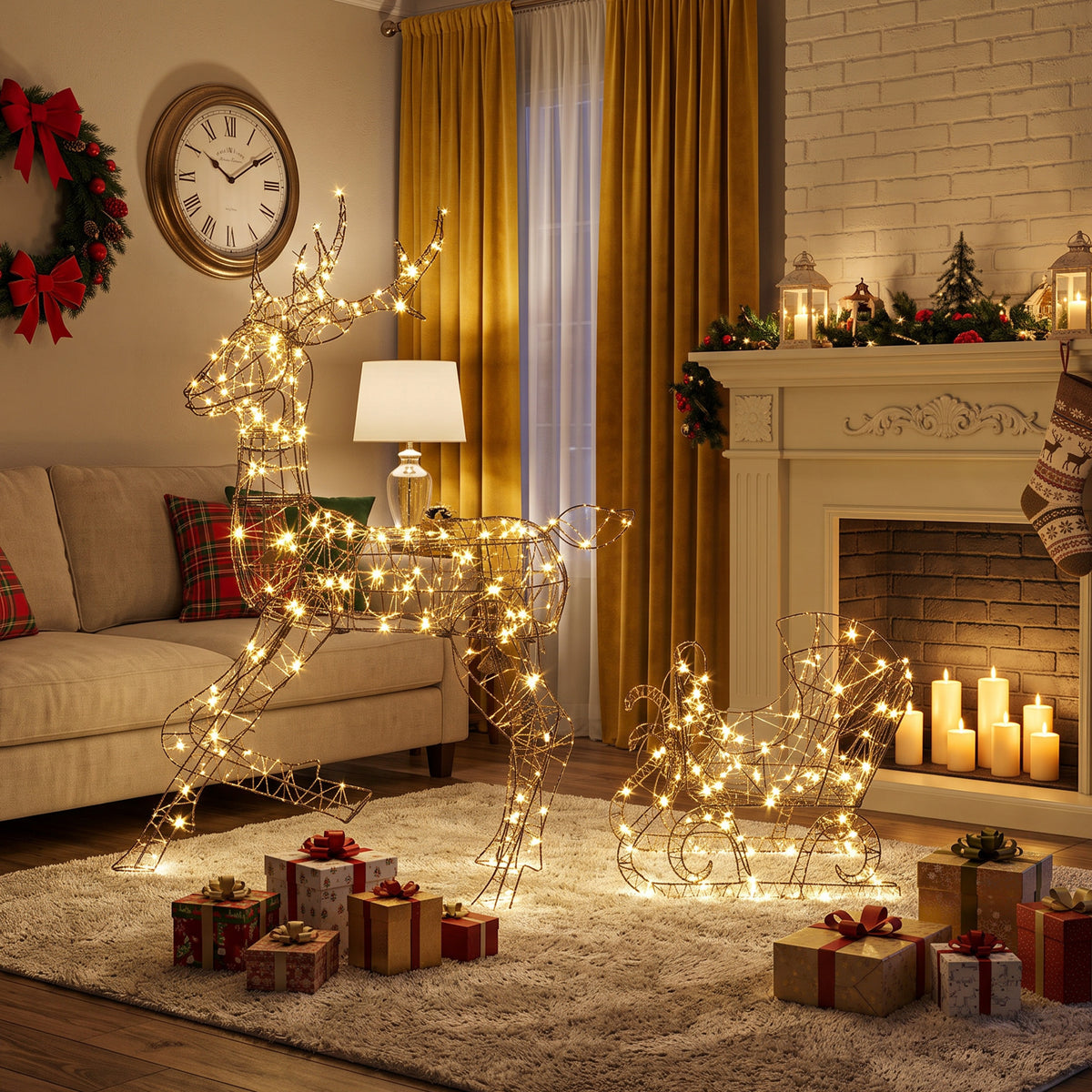 Renne de Noël avec Traîneau Lumineux 2 Pièces en Rotin PP, 175 LED Blanc Chaud, 8 Modes, Minuterie, 82x32x120cm, Marron-7