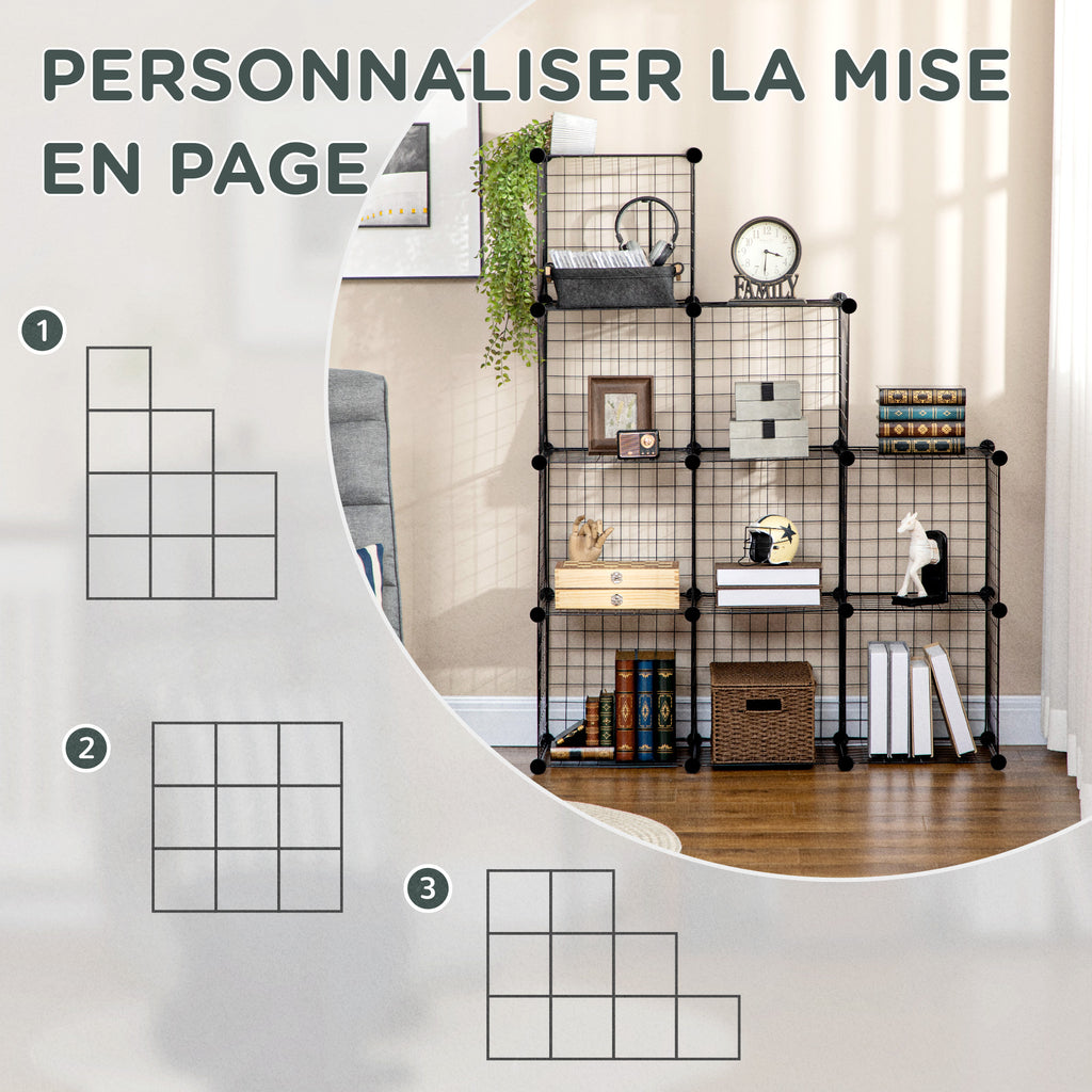 Étagère cube modulable DIY avec 9 compartiments en treillis métallique pour salon, chambre à coucher, noir-3